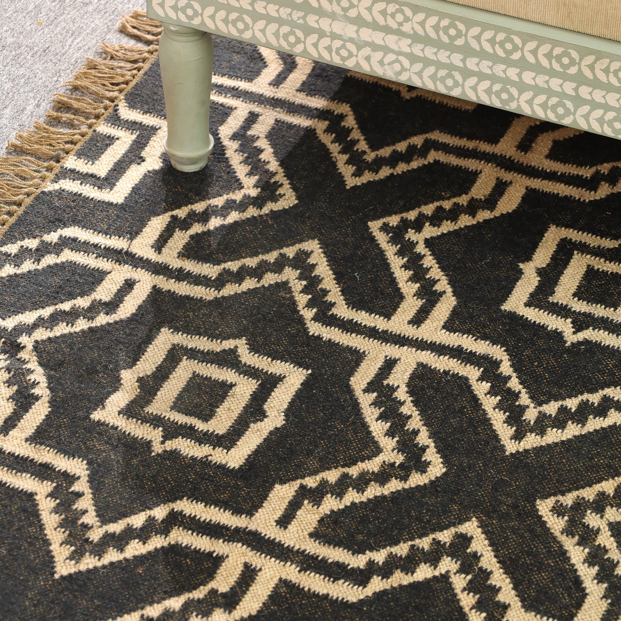 Black & Beige Geometric Handwoven Area Rug with Tassels | Modern Boho Floor Carpet