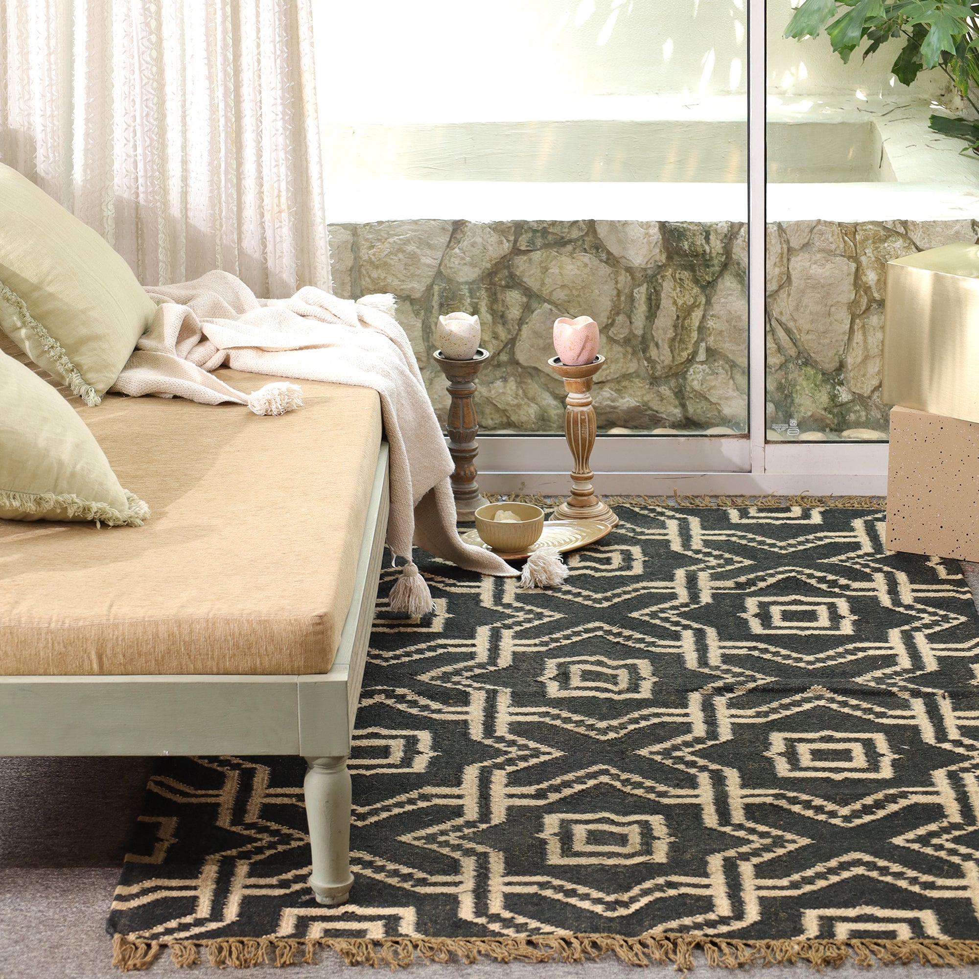 Black & Beige Geometric Handwoven Area Rug with Tassels | Modern Boho Floor Carpet