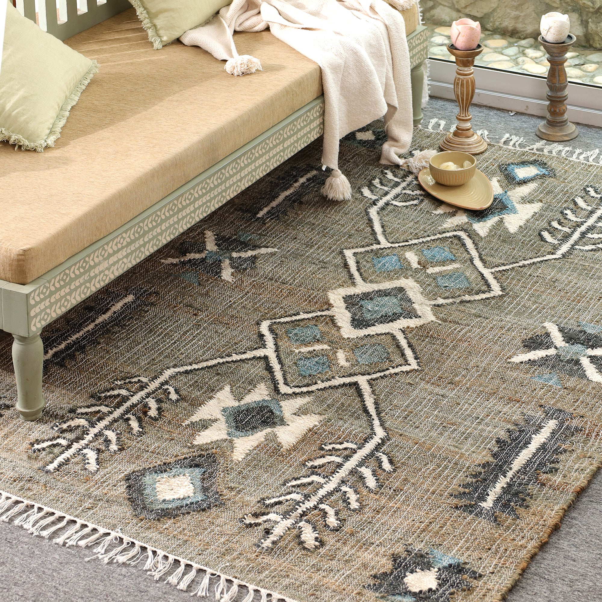 Boho Tribal Geometric Area Rug with Tassels | Handmade Style Living Room Carpet