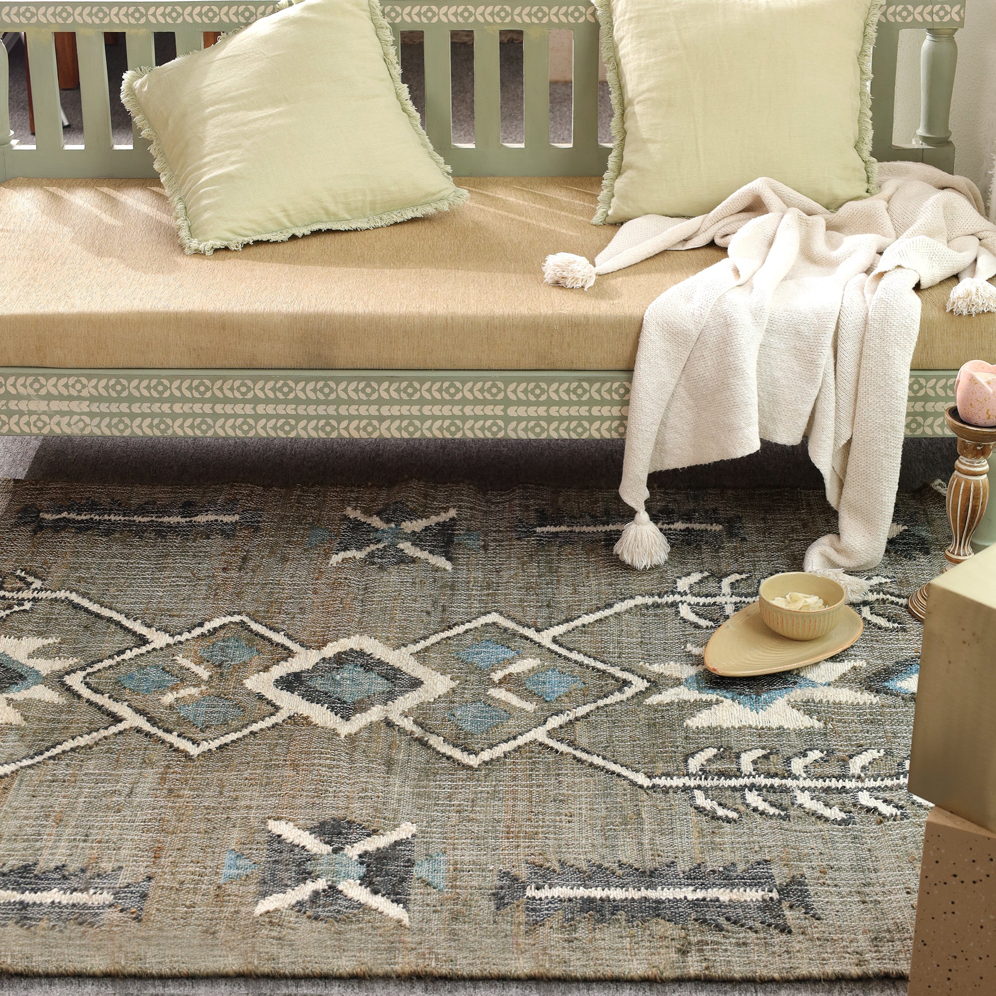 Boho Tribal Geometric Area Rug with Tassels | Handmade Style Living Room Carpet
