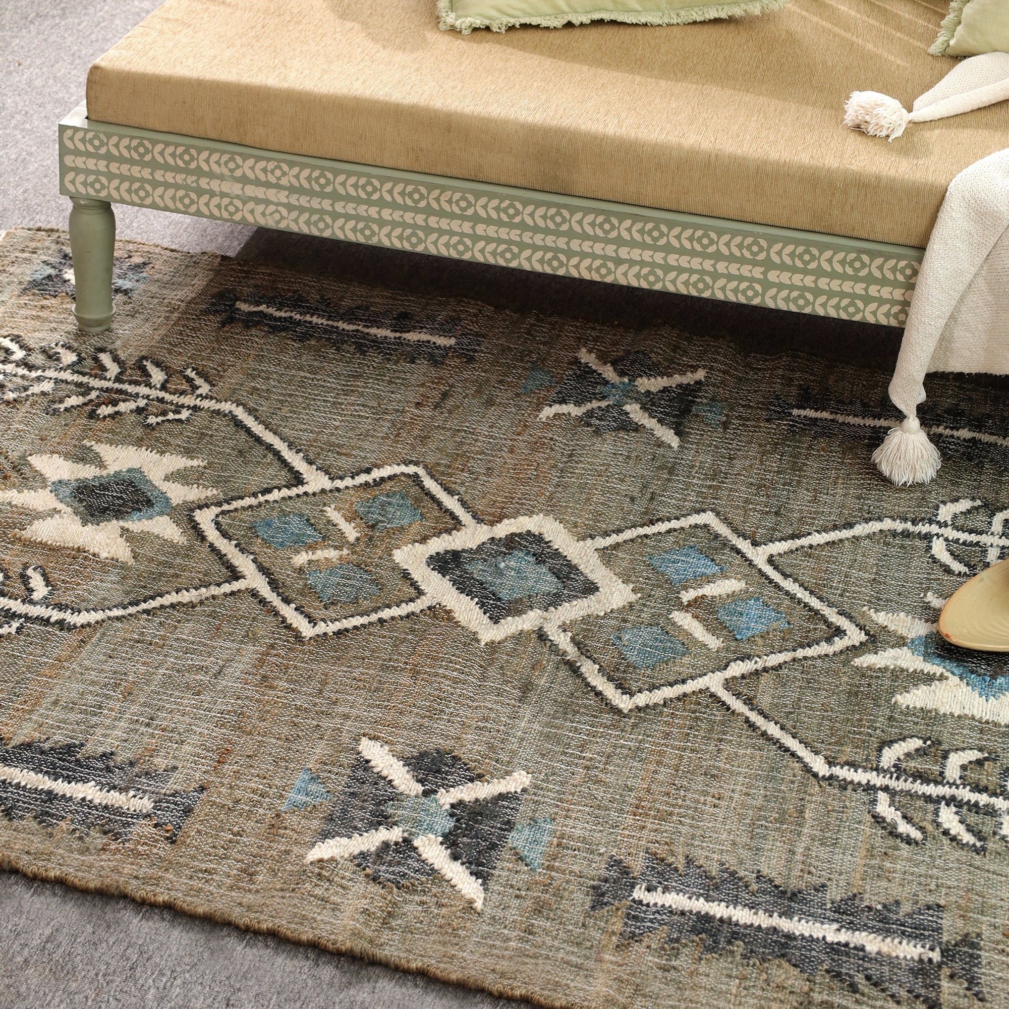 Boho Tribal Geometric Area Rug with Tassels | Handmade Style Living Room Carpet