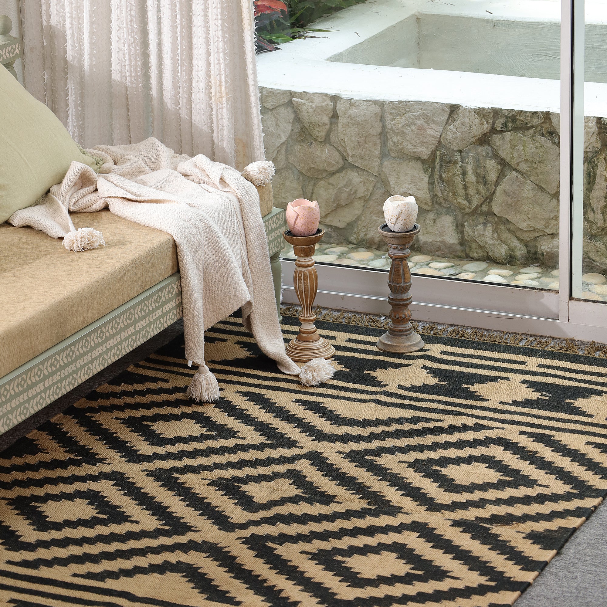 Black & Beige Tribal Geometric Area Rug | Boho Woven Living Room Carpet