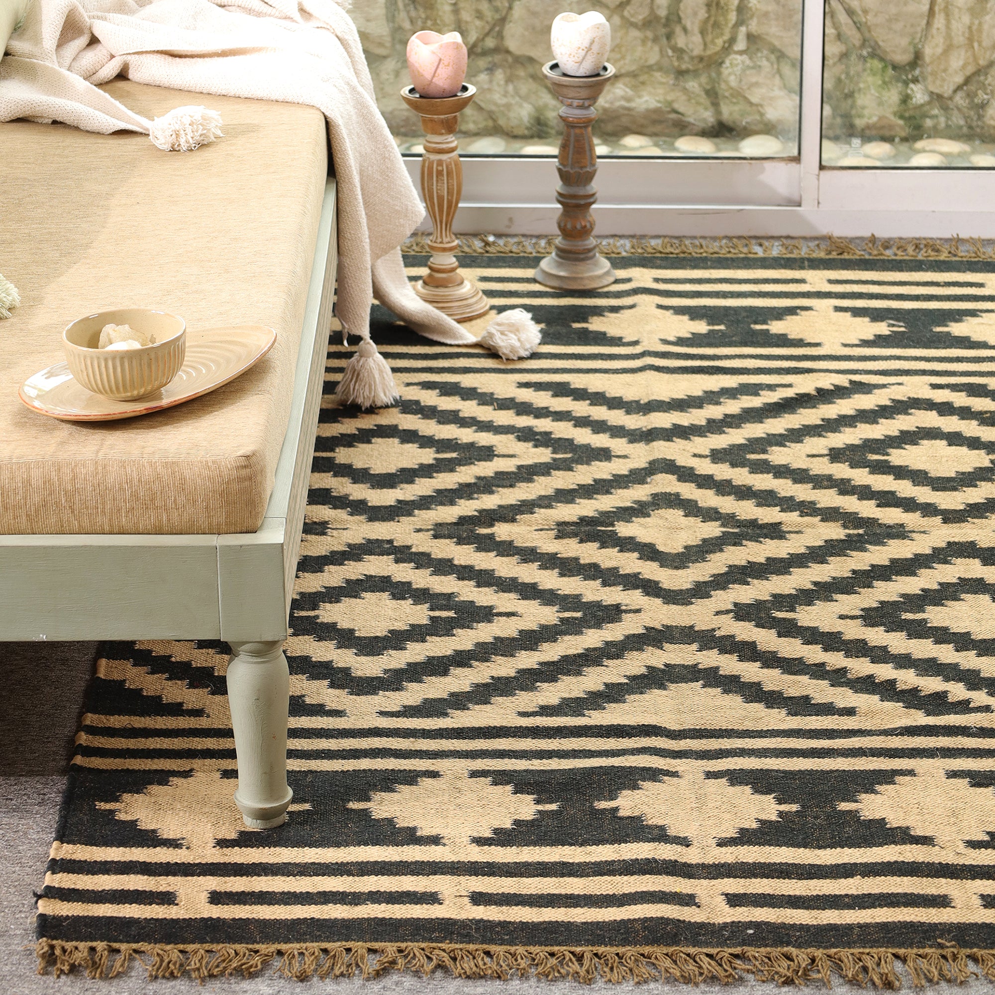Black & Beige Tribal Geometric Area Rug | Boho Woven Living Room Carpet