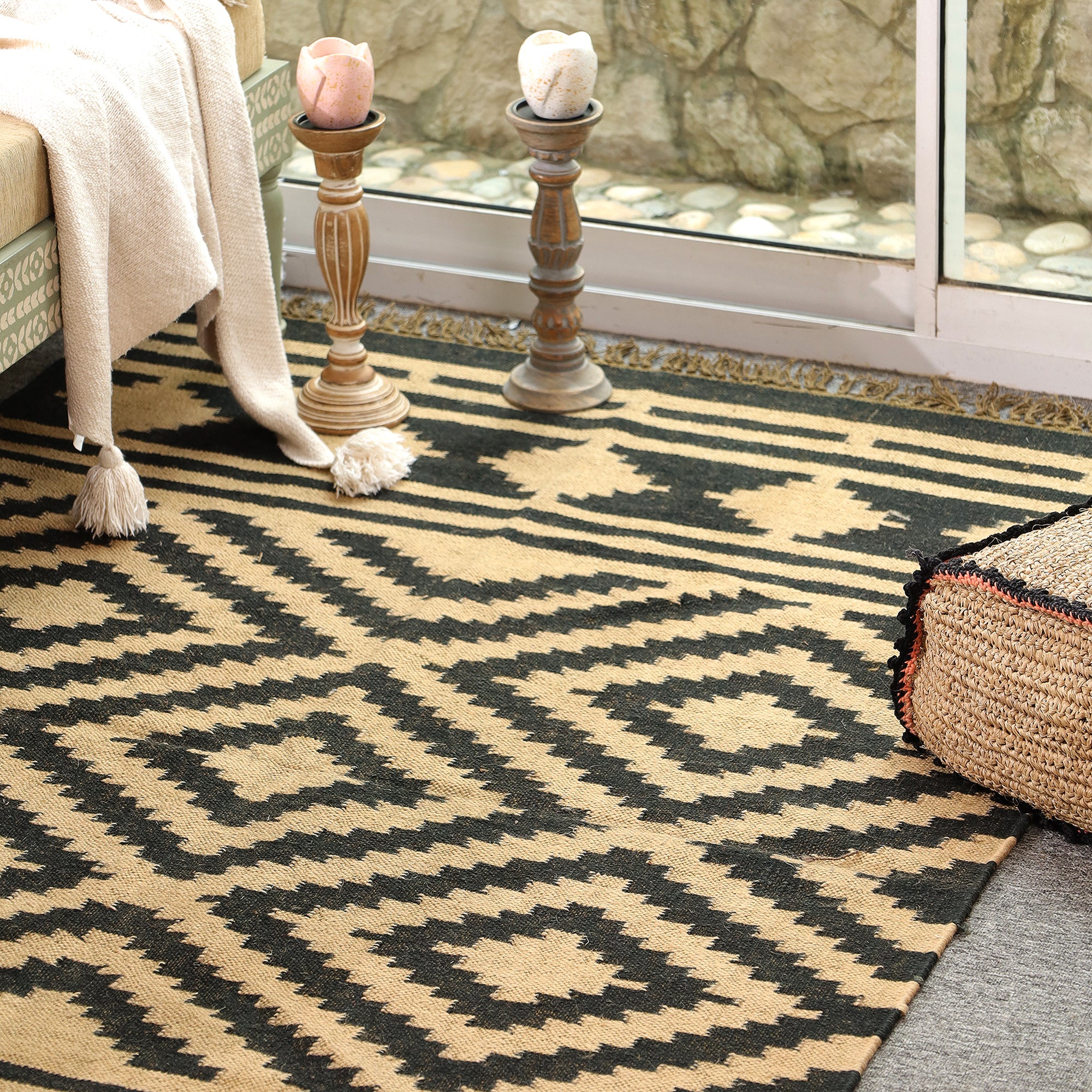 Black & Beige Tribal Geometric Area Rug | Boho Woven Living Room Carpet