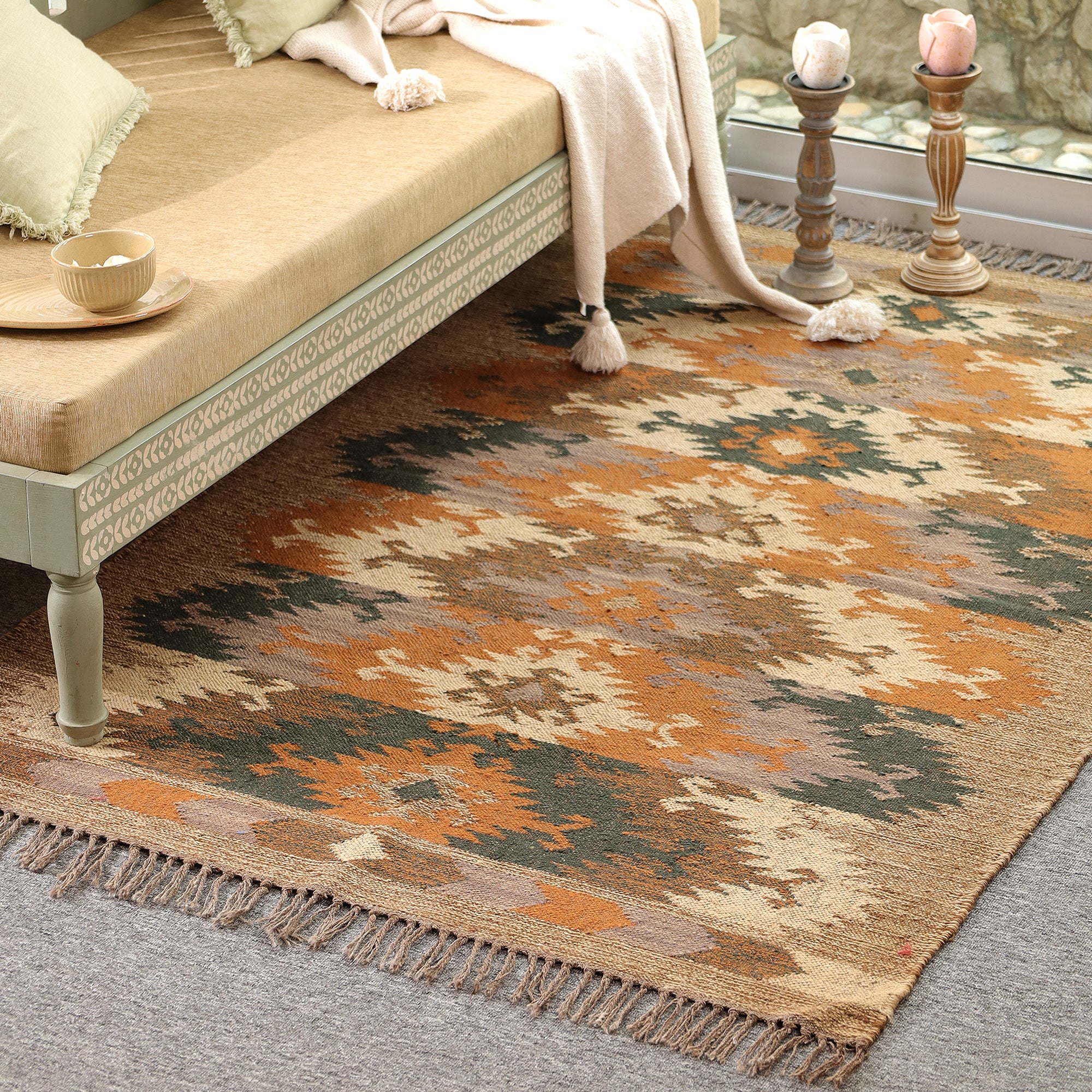 Boho Southwestern Geometric Area Rug | Rustic Woven Carpet with Fringe for Living Room & Bedroom