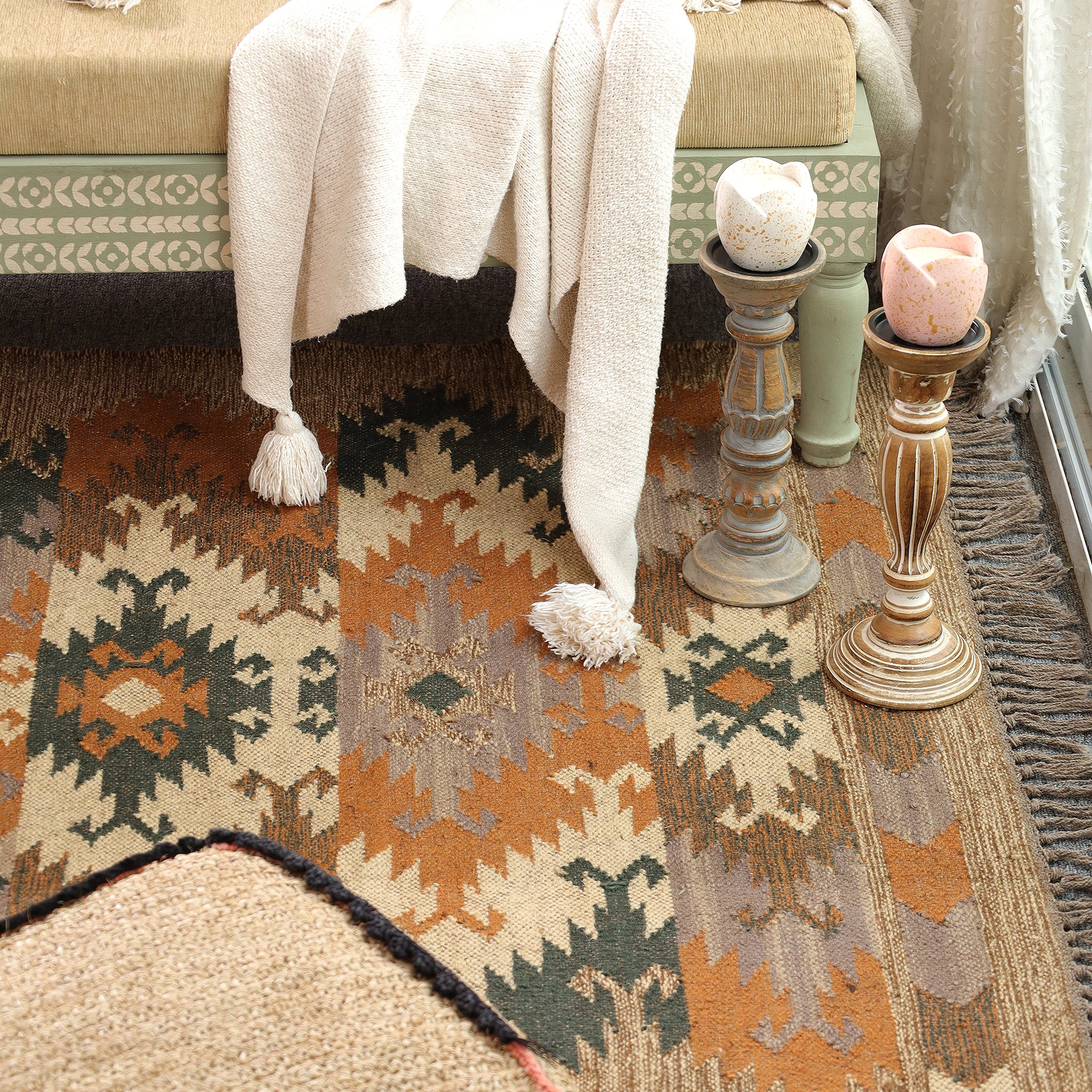 Boho Southwestern Geometric Area Rug | Rustic Woven Carpet with Fringe for Living Room & Bedroom