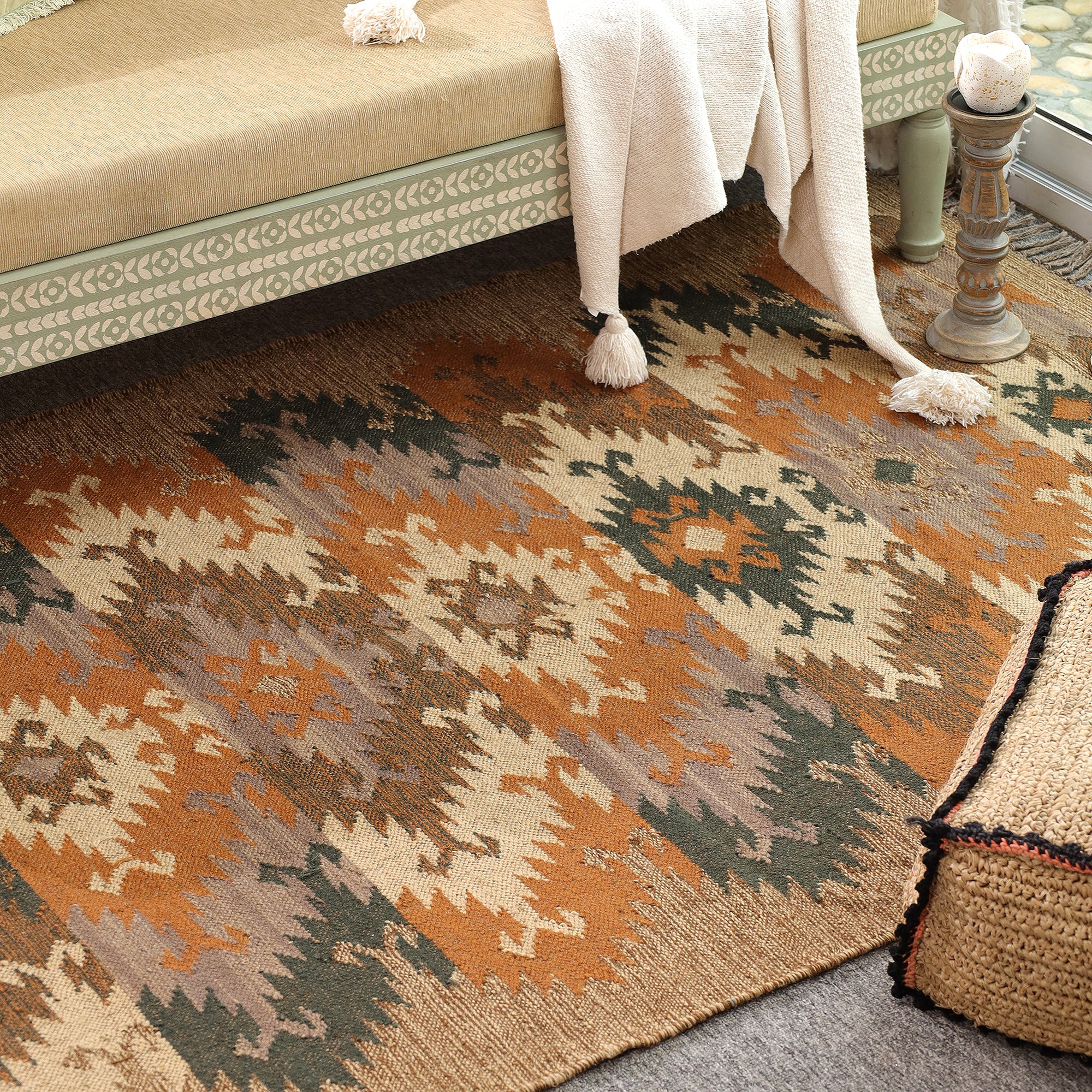 Boho Southwestern Geometric Area Rug | Rustic Woven Carpet with Fringe for Living Room & Bedroom