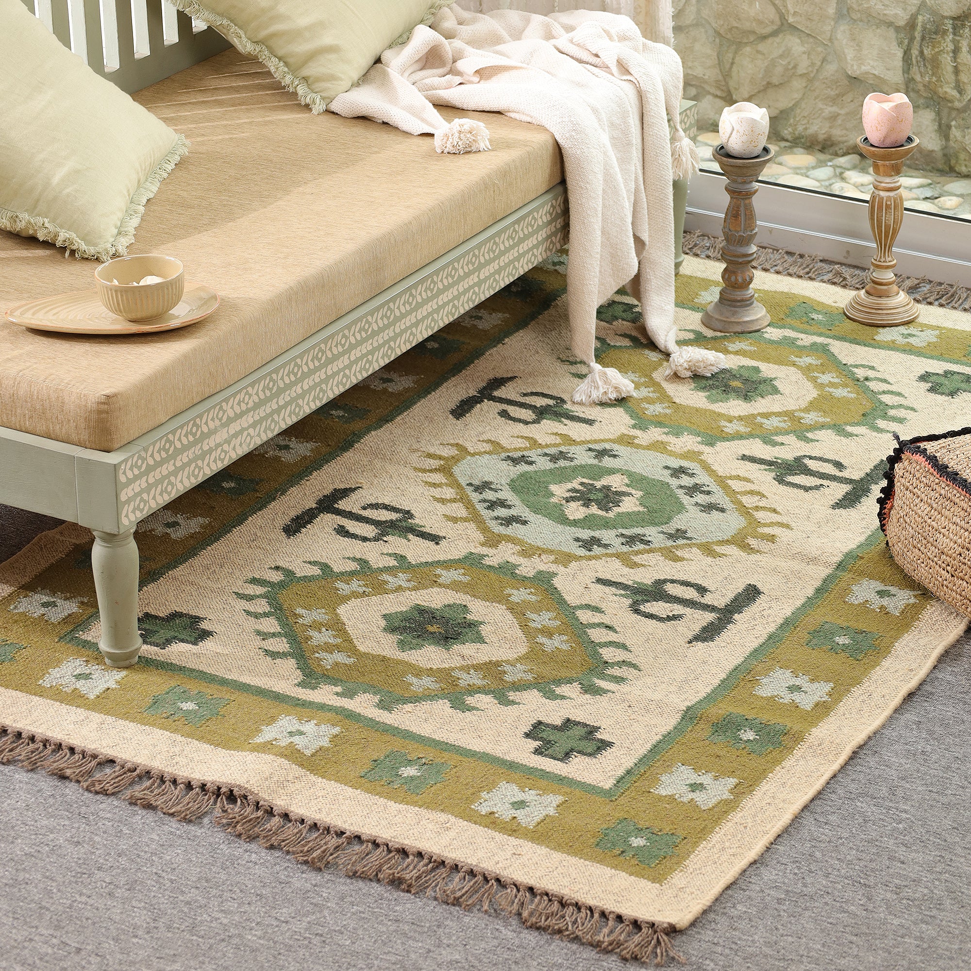 Green Boho Tribal Area Rug | Handwoven Geometric Cotton Rug with Fringe for Living Room & Bedroom