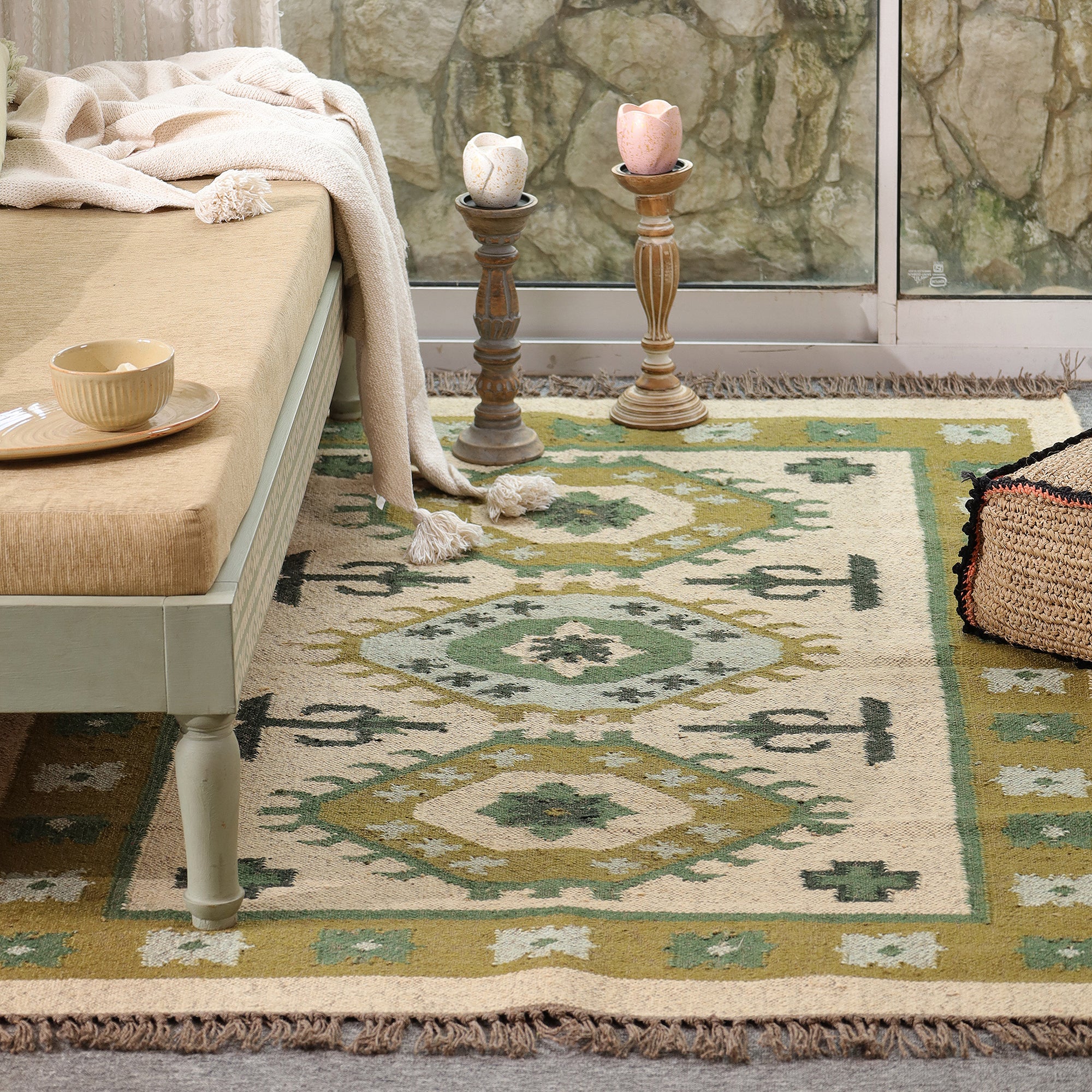 Green Boho Tribal Area Rug | Handwoven Geometric Cotton Rug with Fringe for Living Room & Bedroom