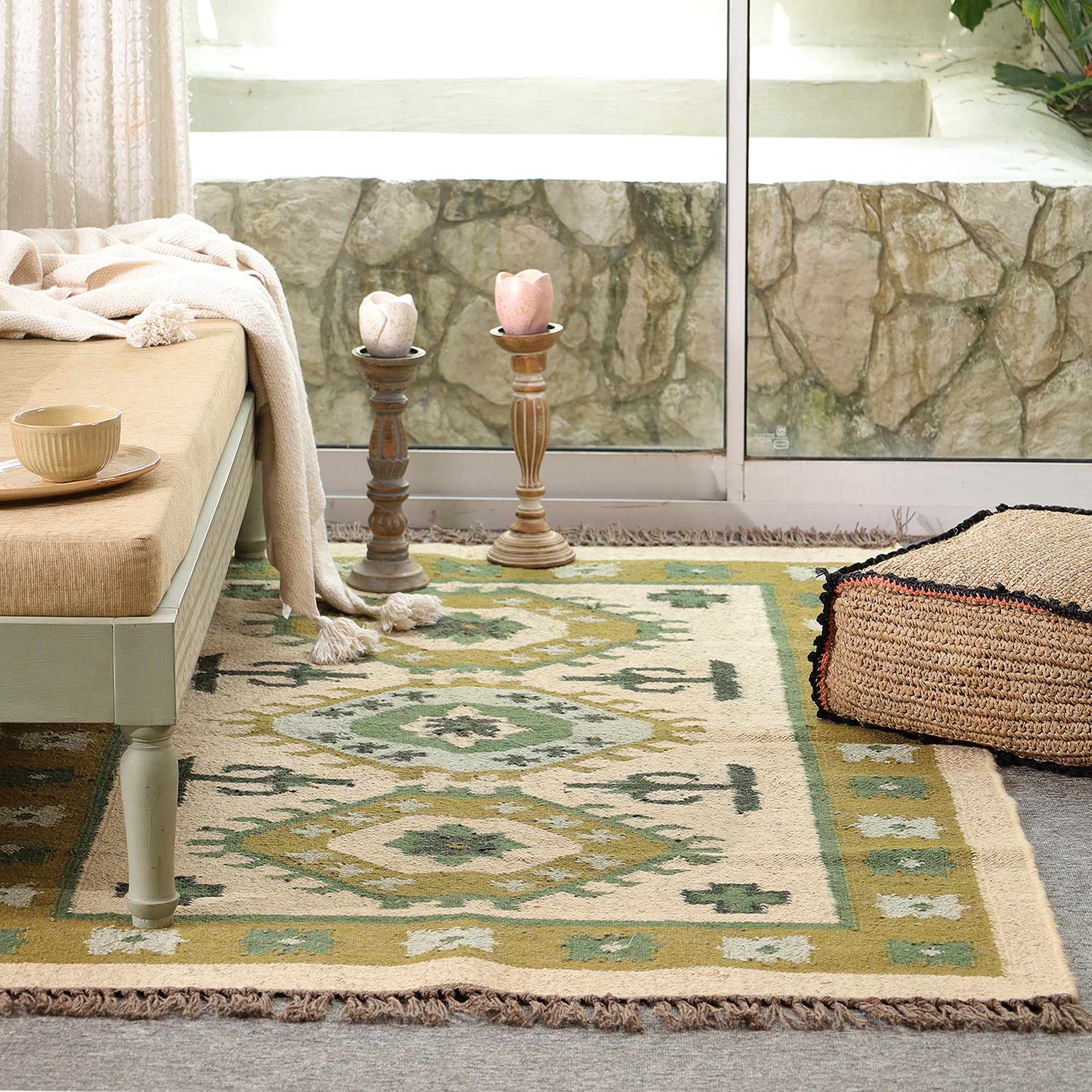 Green Boho Tribal Area Rug | Handwoven Geometric Cotton Rug with Fringe for Living Room & Bedroom