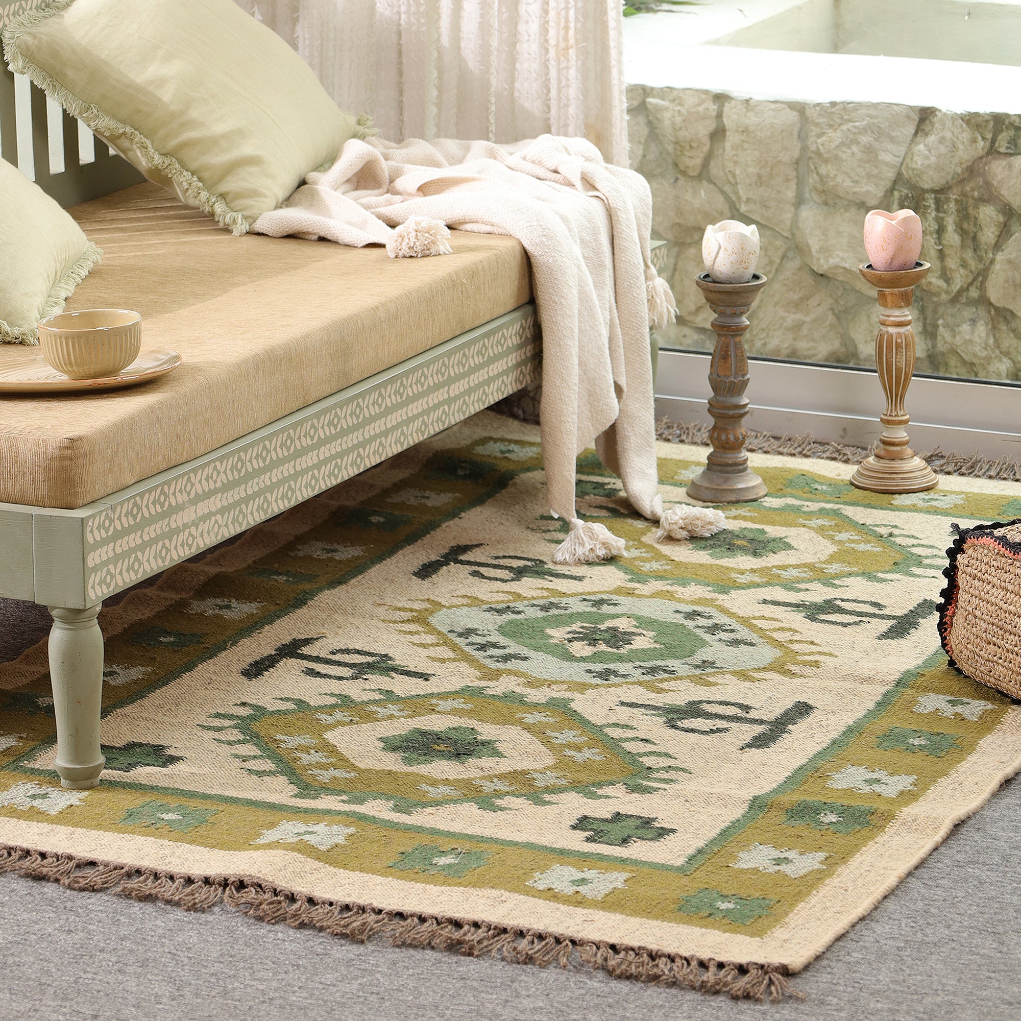 Green Boho Tribal Area Rug | Handwoven Geometric Cotton Rug with Fringe for Living Room & Bedroom