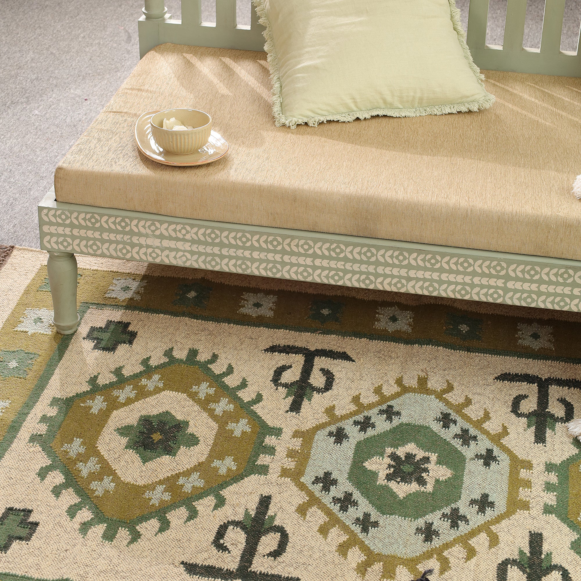 Green Boho Tribal Area Rug | Handwoven Geometric Cotton Rug with Fringe for Living Room & Bedroom