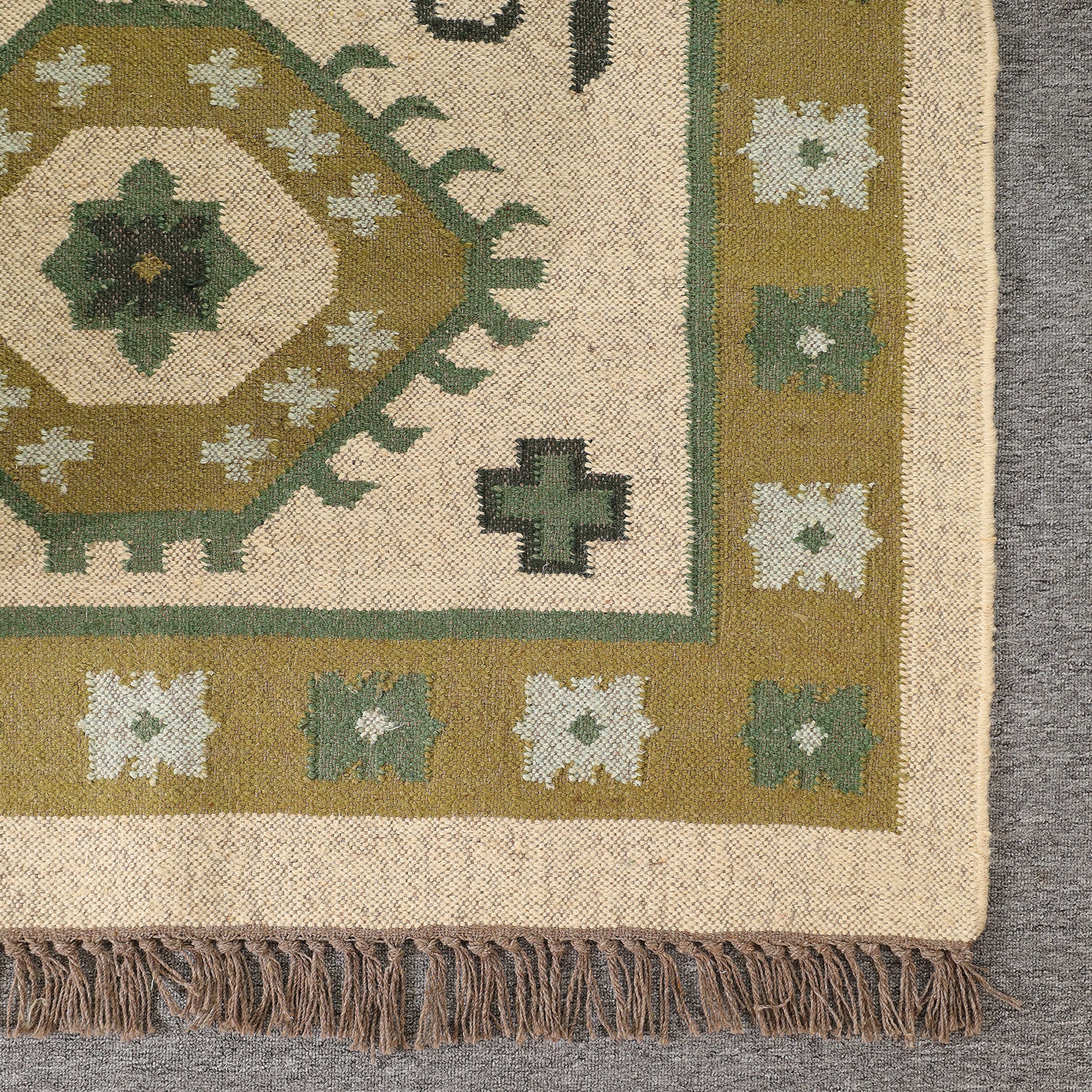 Green Boho Tribal Area Rug | Handwoven Geometric Cotton Rug with Fringe for Living Room & Bedroom
