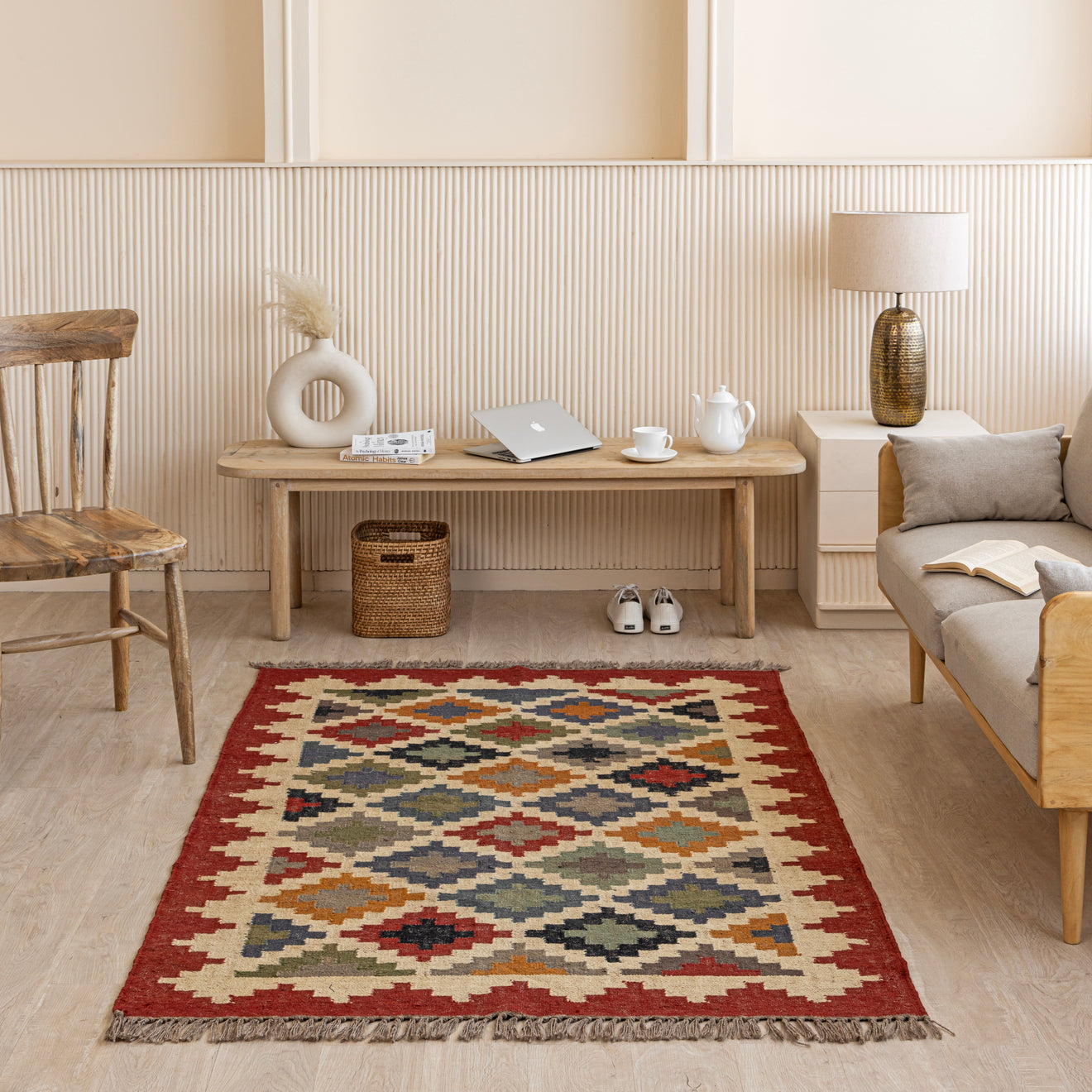 Handwoven Wool-Jute Tribal Kilim Rug - Rustic Geometric Charm