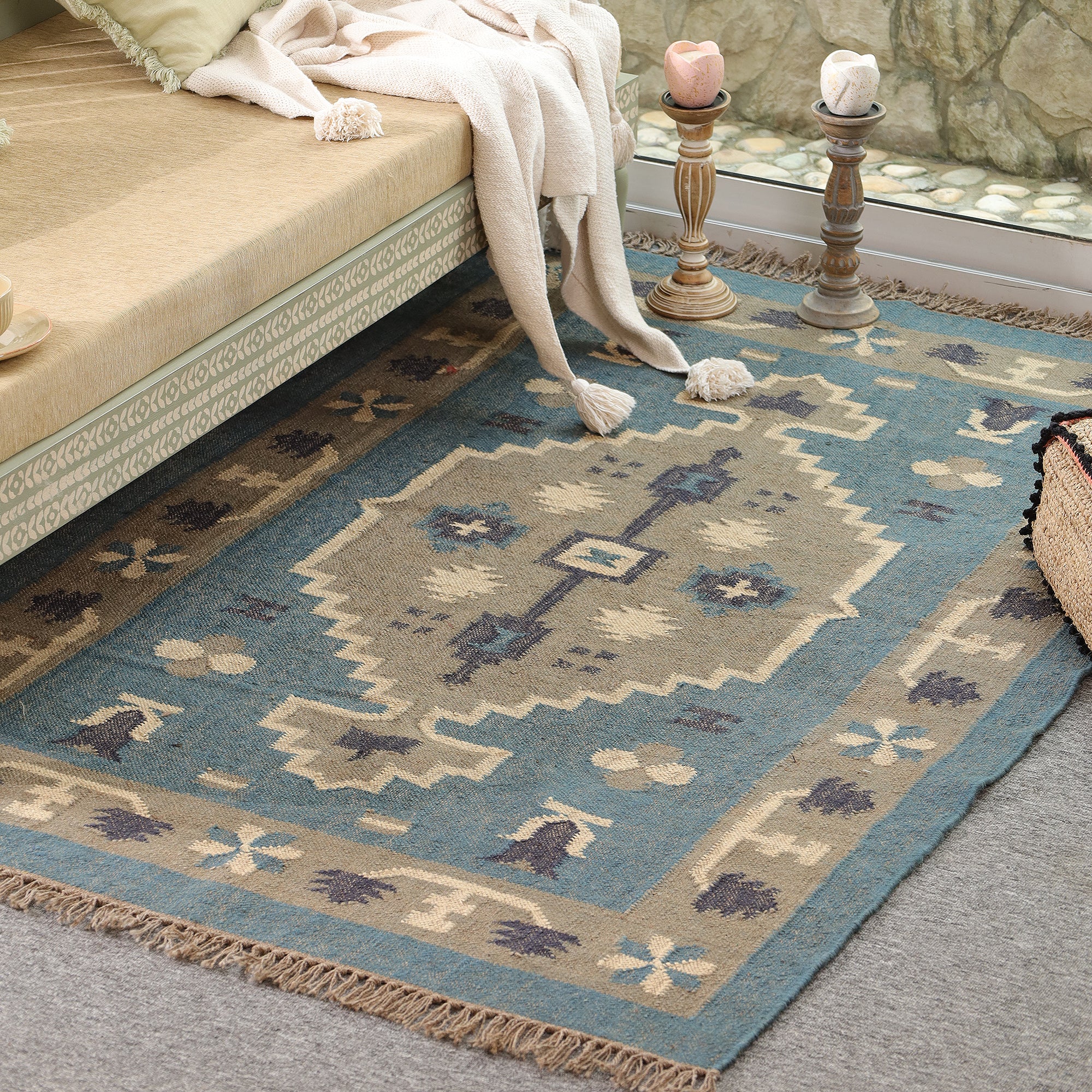 Blue Boho Tribal Area Rug Handwoven Geometric Fringe Rug for Living Room