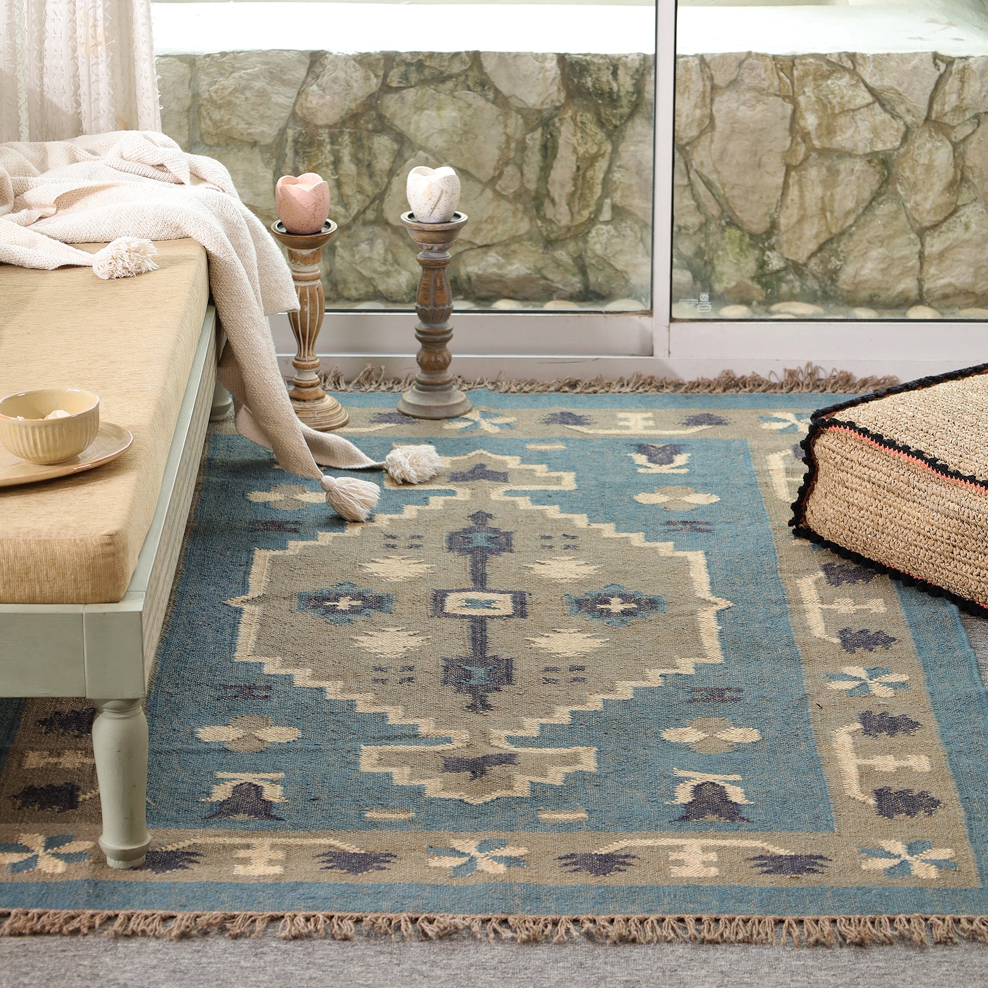 Blue Boho Tribal Area Rug Handwoven Geometric Fringe Rug for Living Room