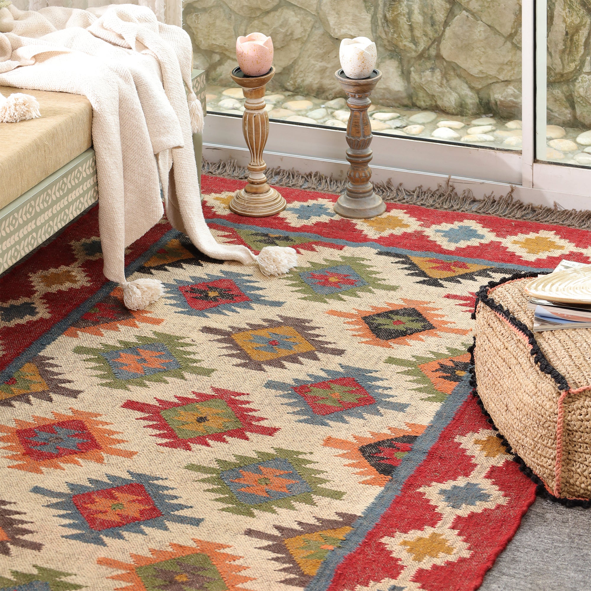 Colorful Boho Kilim Area Rug | Handmade Style Southwestern Geometric Rug for Living Room & Bedroom