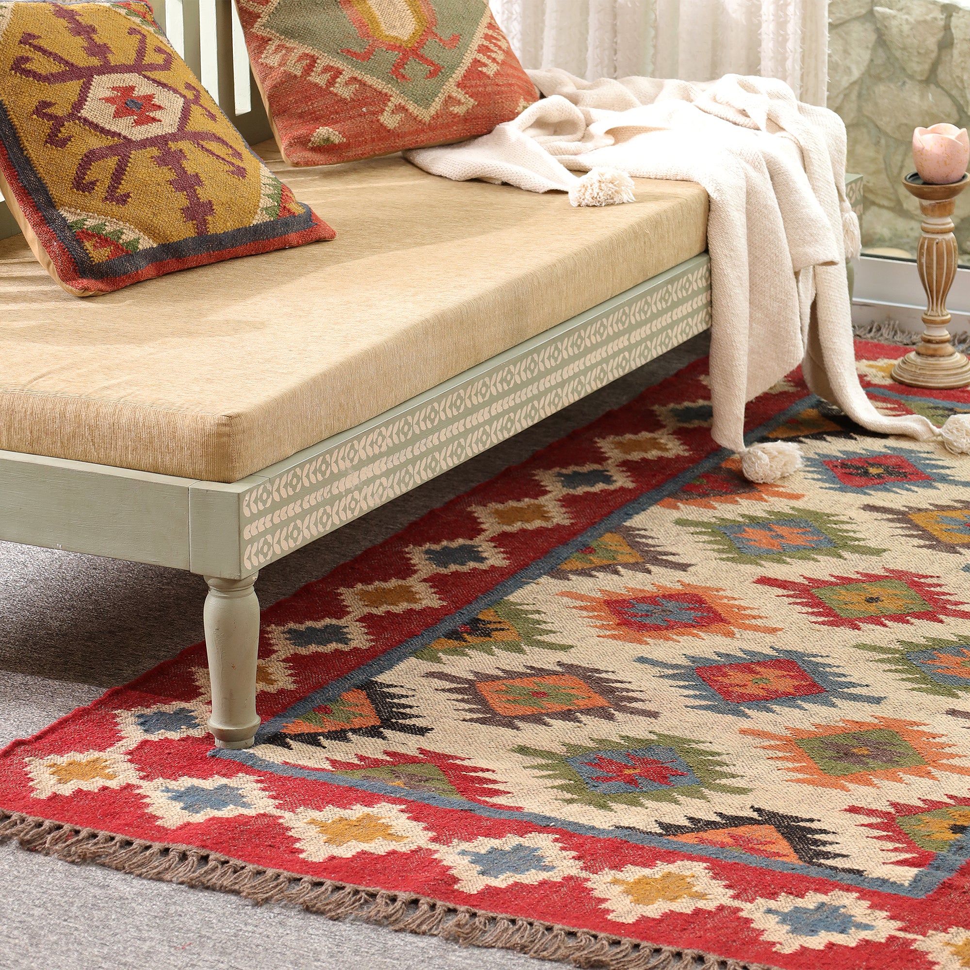 Colorful Boho Kilim Area Rug | Handmade Style Southwestern Geometric Rug for Living Room & Bedroom