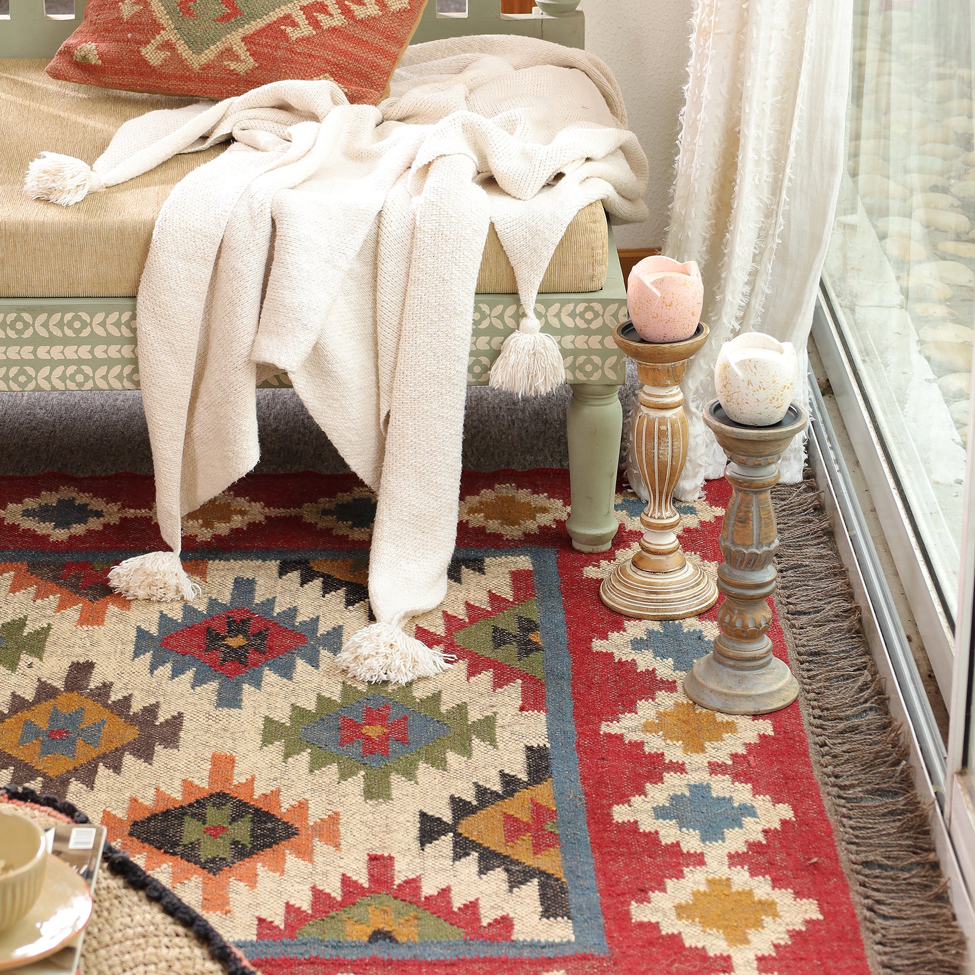 Colorful Boho Kilim Area Rug | Handmade Style Southwestern Geometric Rug for Living Room & Bedroom