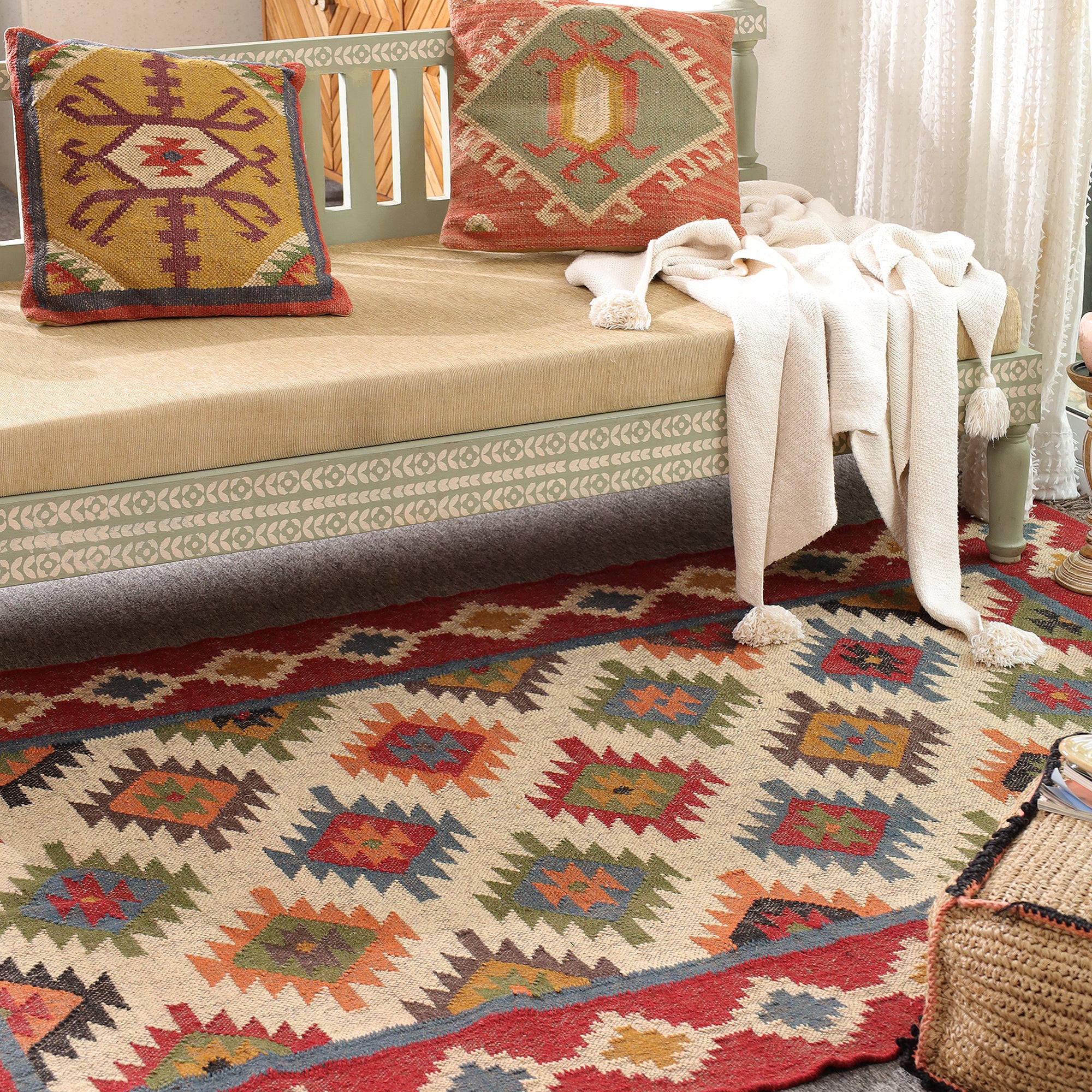 Colorful Boho Kilim Area Rug | Handmade Style Southwestern Geometric Rug for Living Room & Bedroom