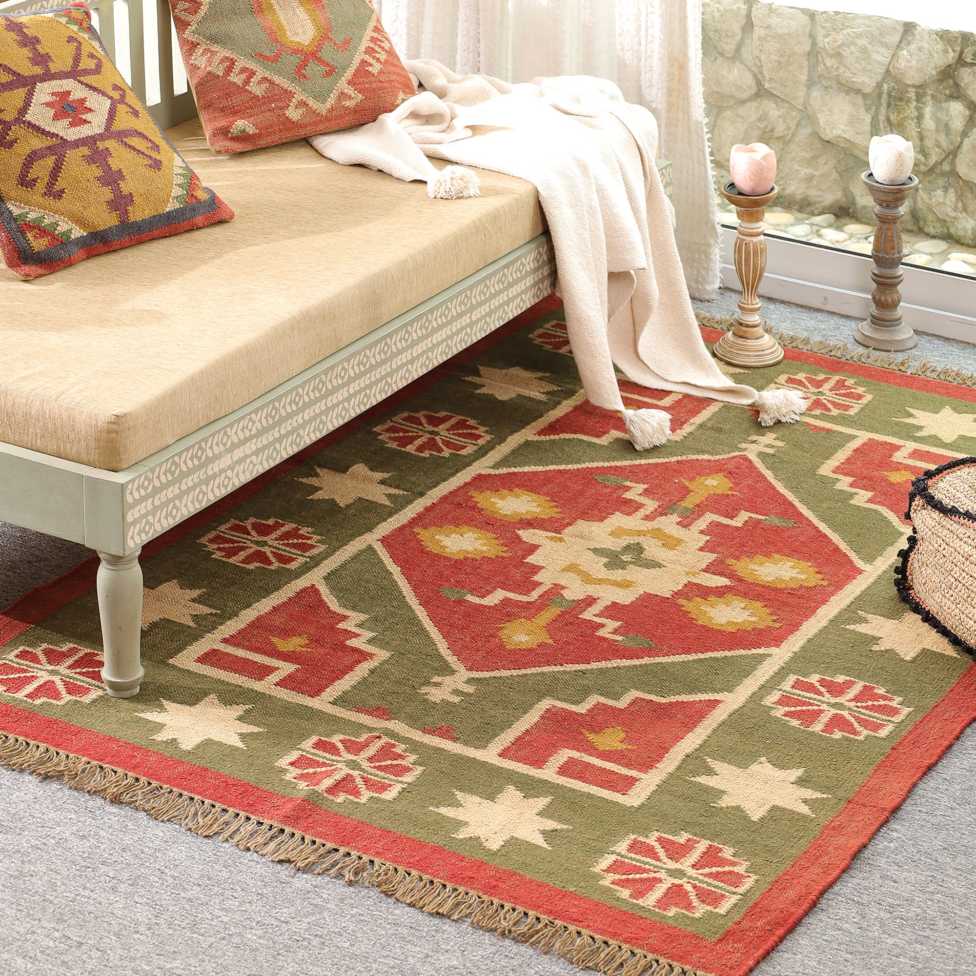 Handmade Green & Red Kilim Area Rug | Traditional Flat Weave Boho Rug | Rugzcraft