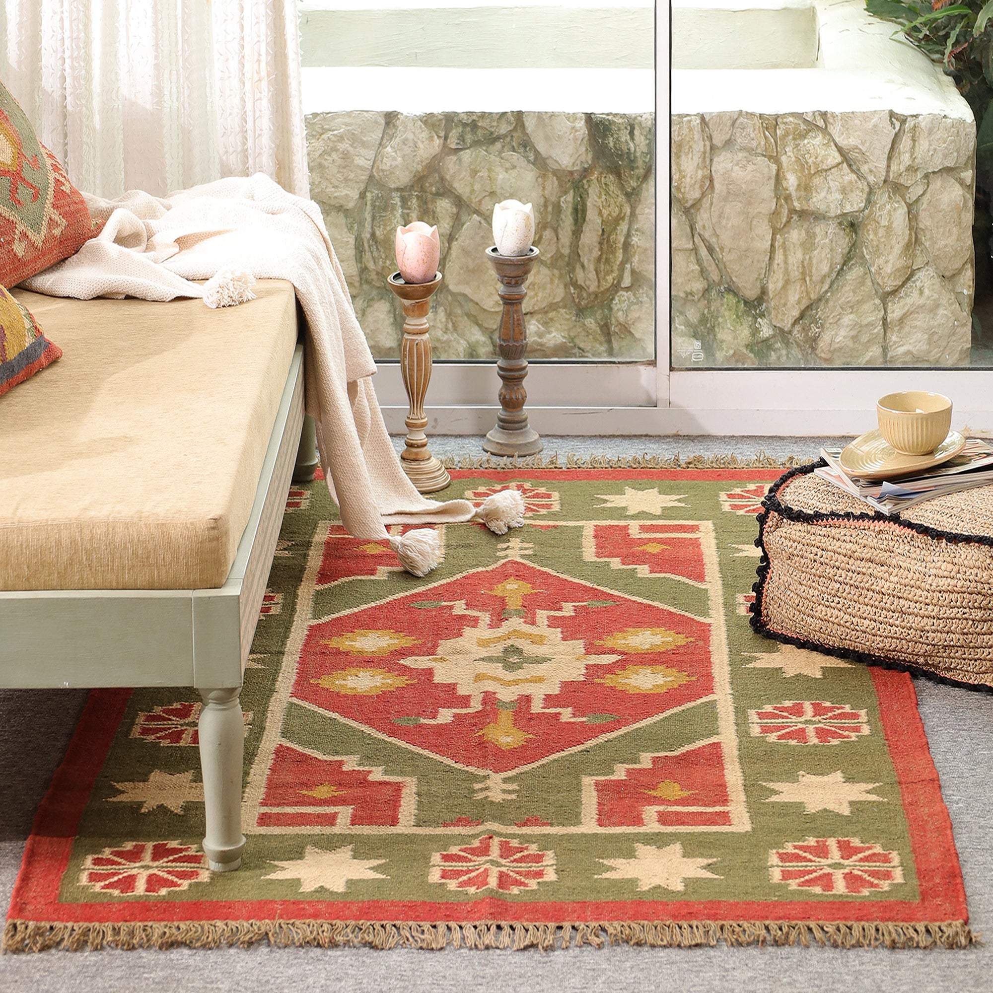 Handmade Green & Red Kilim Area Rug | Traditional Flat Weave Boho Rug | Rugzcraft