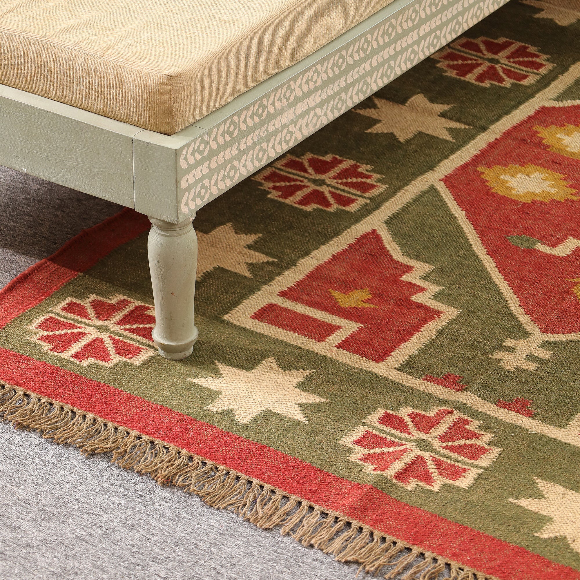 Handmade Green & Red Kilim Area Rug | Traditional Flat Weave Boho Rug | Rugzcraft