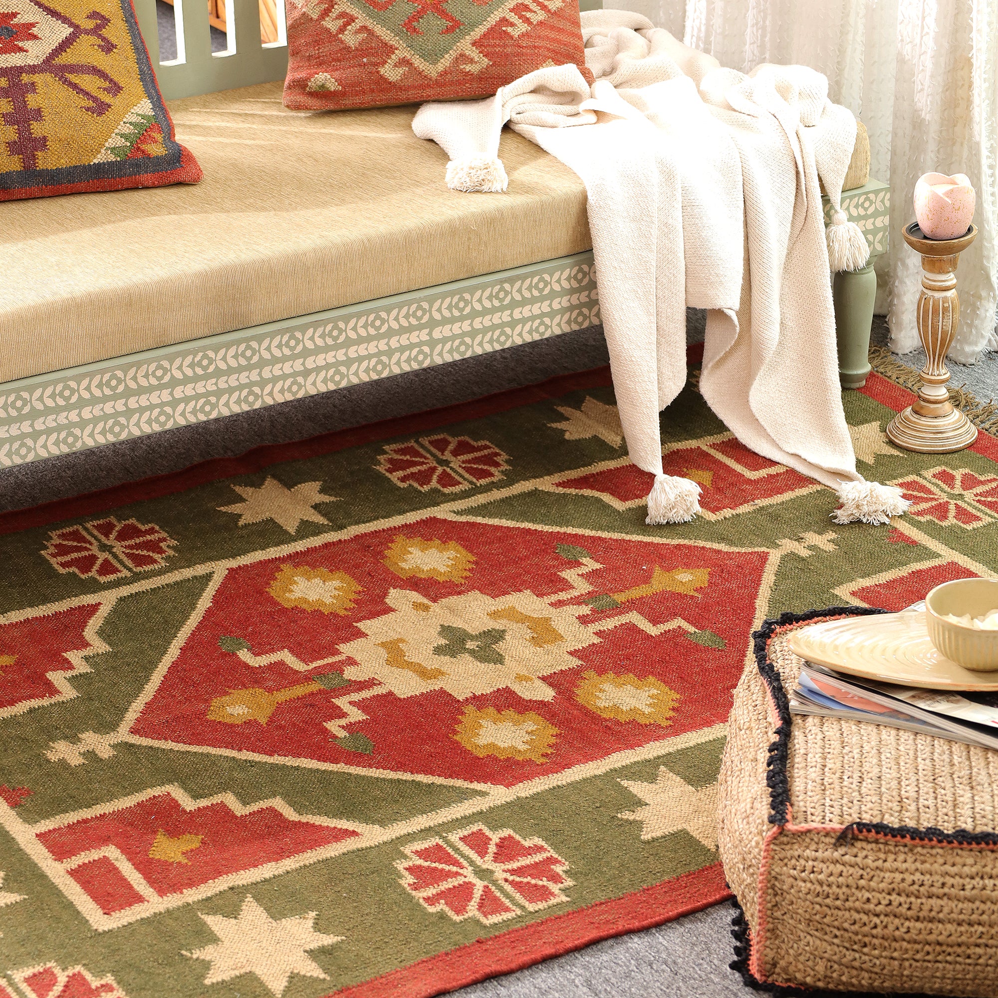 Handmade Green & Red Kilim Area Rug | Traditional Flat Weave Boho Rug | Rugzcraft