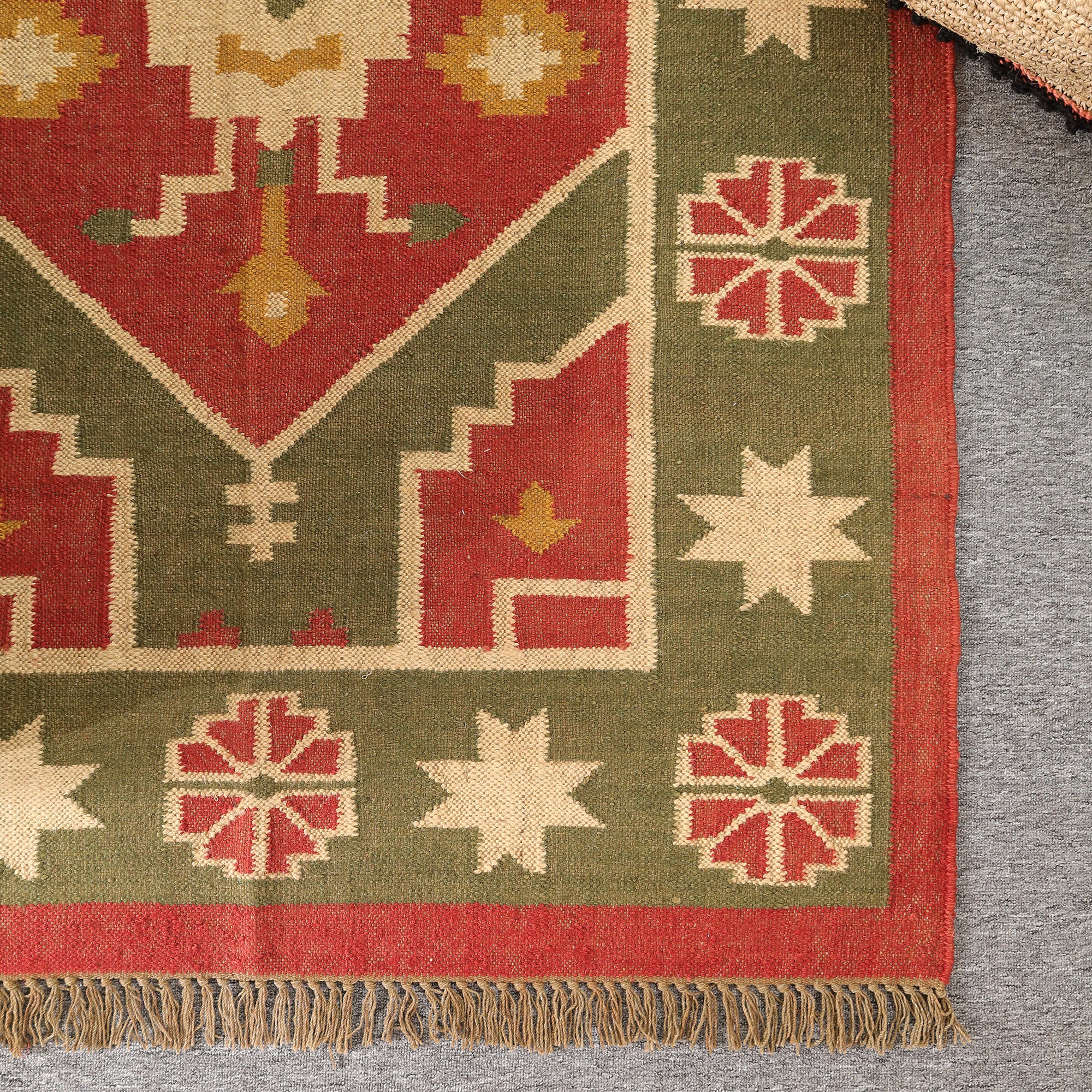 Handmade Green & Red Kilim Area Rug | Traditional Flat Weave Boho Rug | Rugzcraft