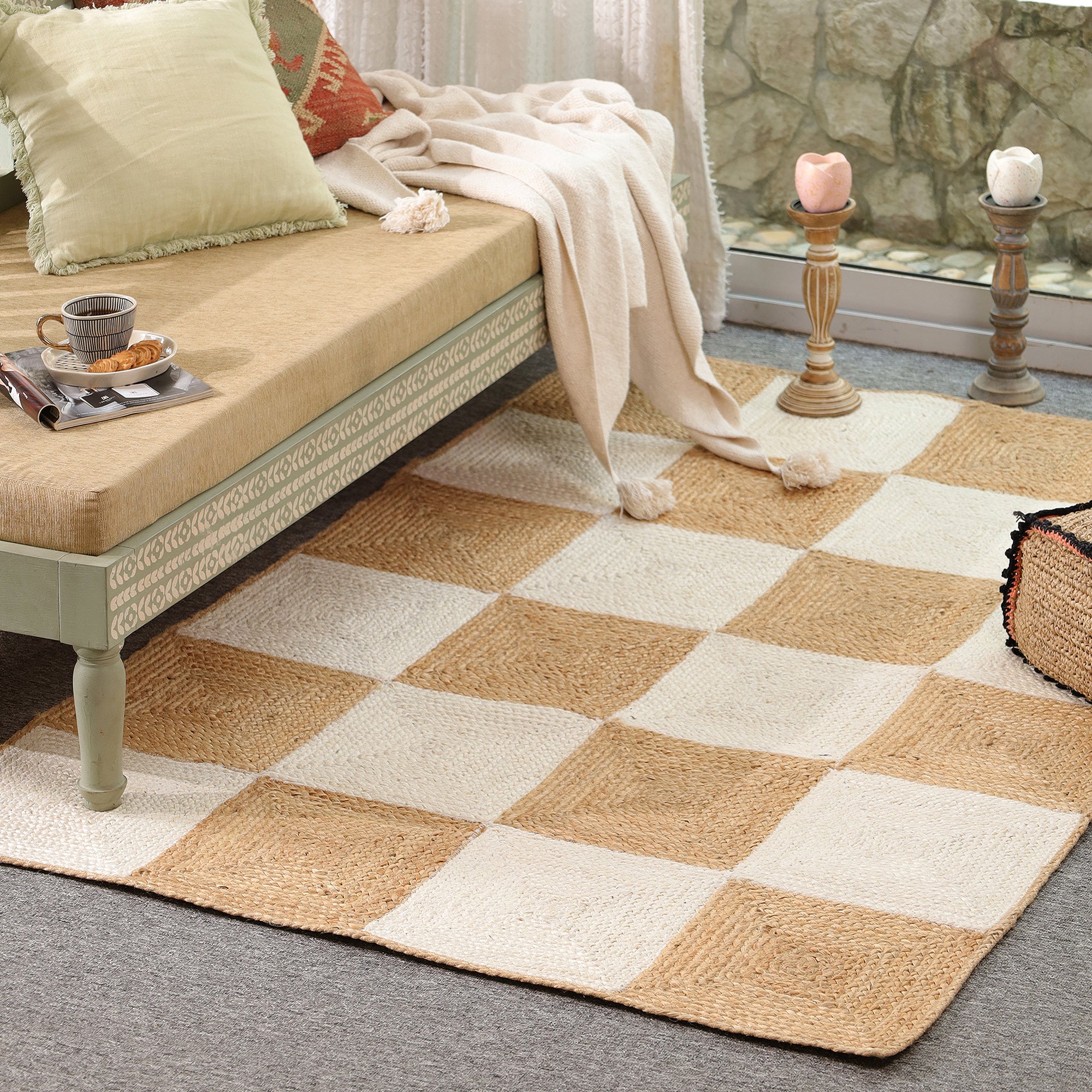 Handwoven Natural Jute & Cotton Checkered Area Rug | Modern Boho Floor Carpet