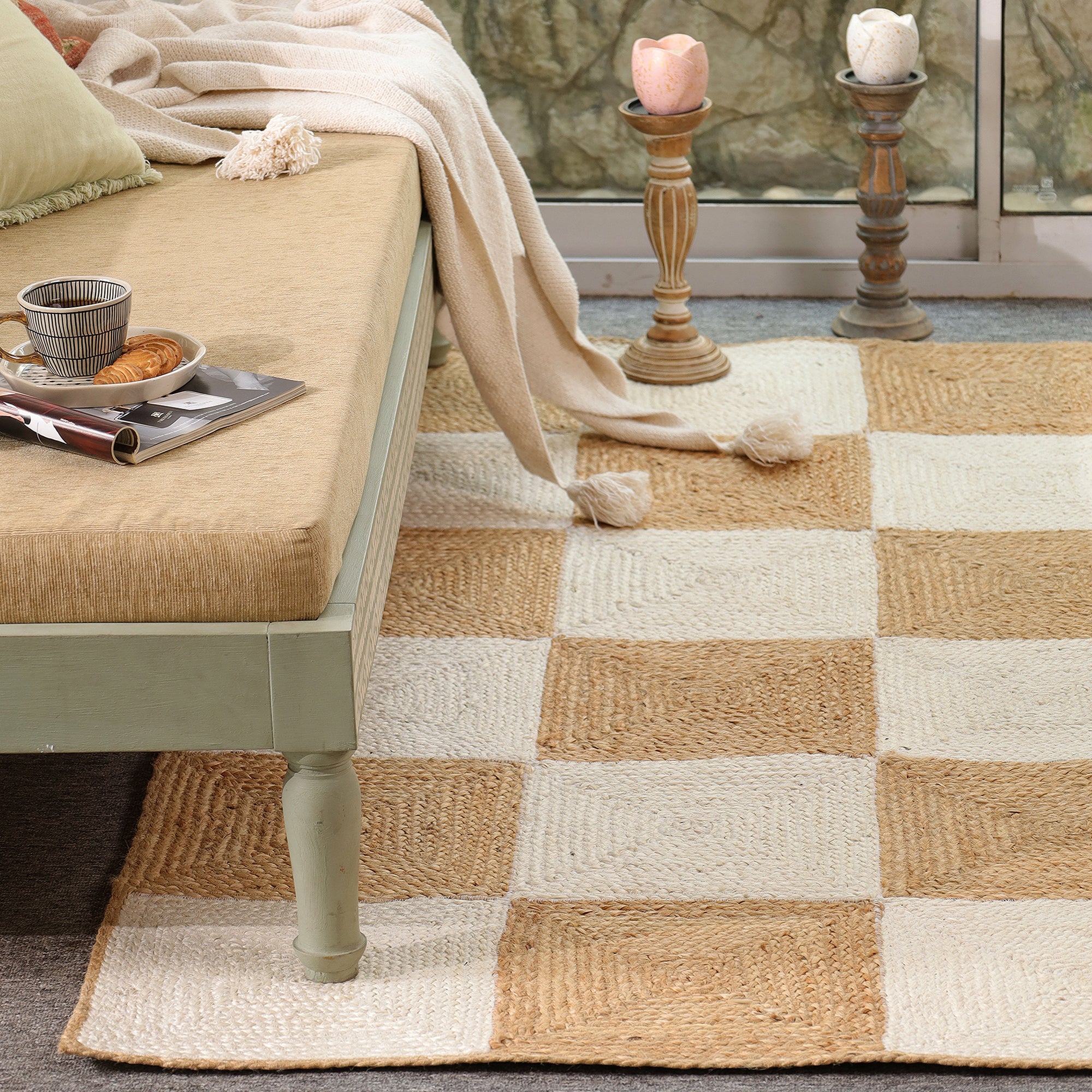 Handwoven Natural Jute & Cotton Checkered Area Rug | Modern Boho Floor Carpet