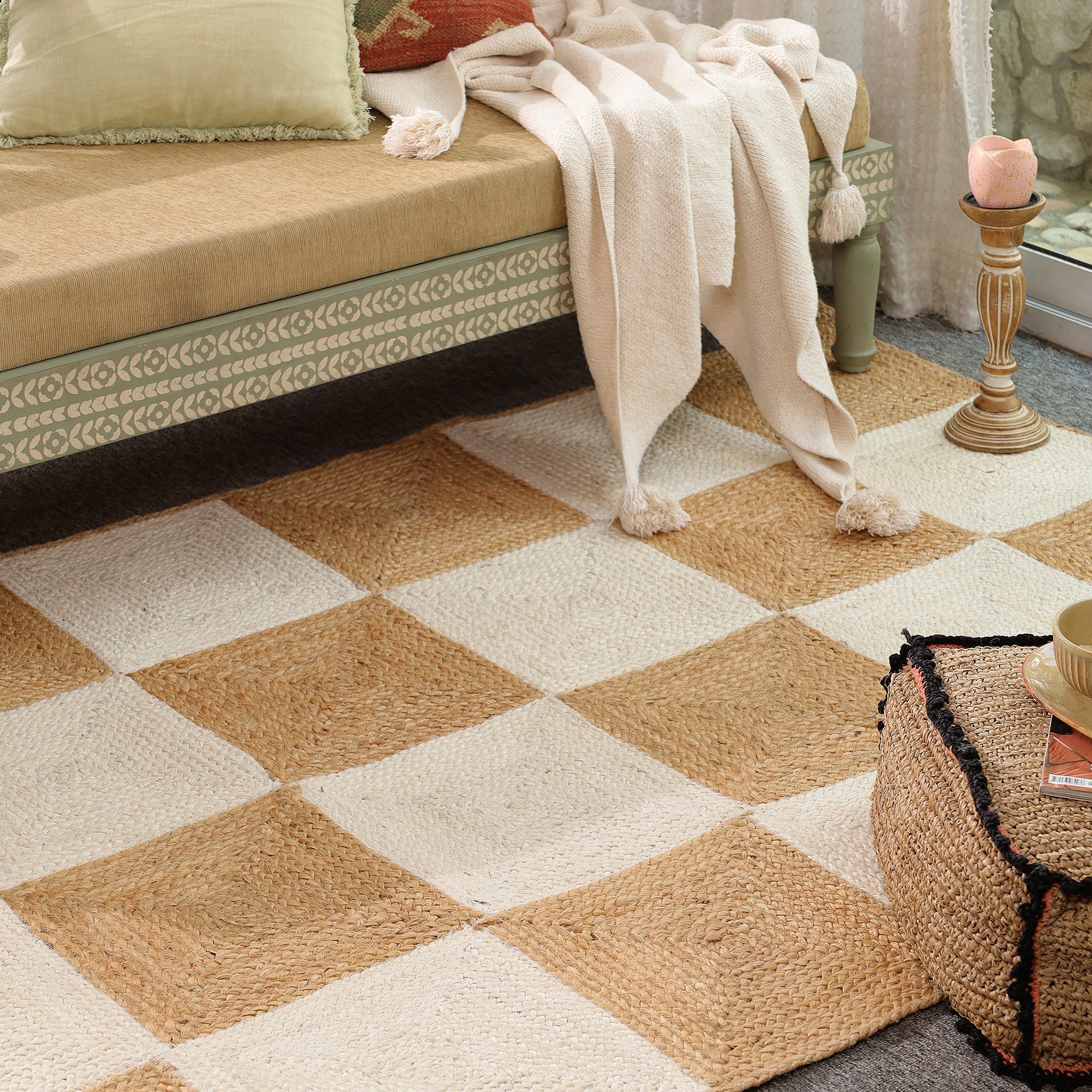 Handwoven Natural Jute & Cotton Checkered Area Rug | Modern Boho Floor Carpet