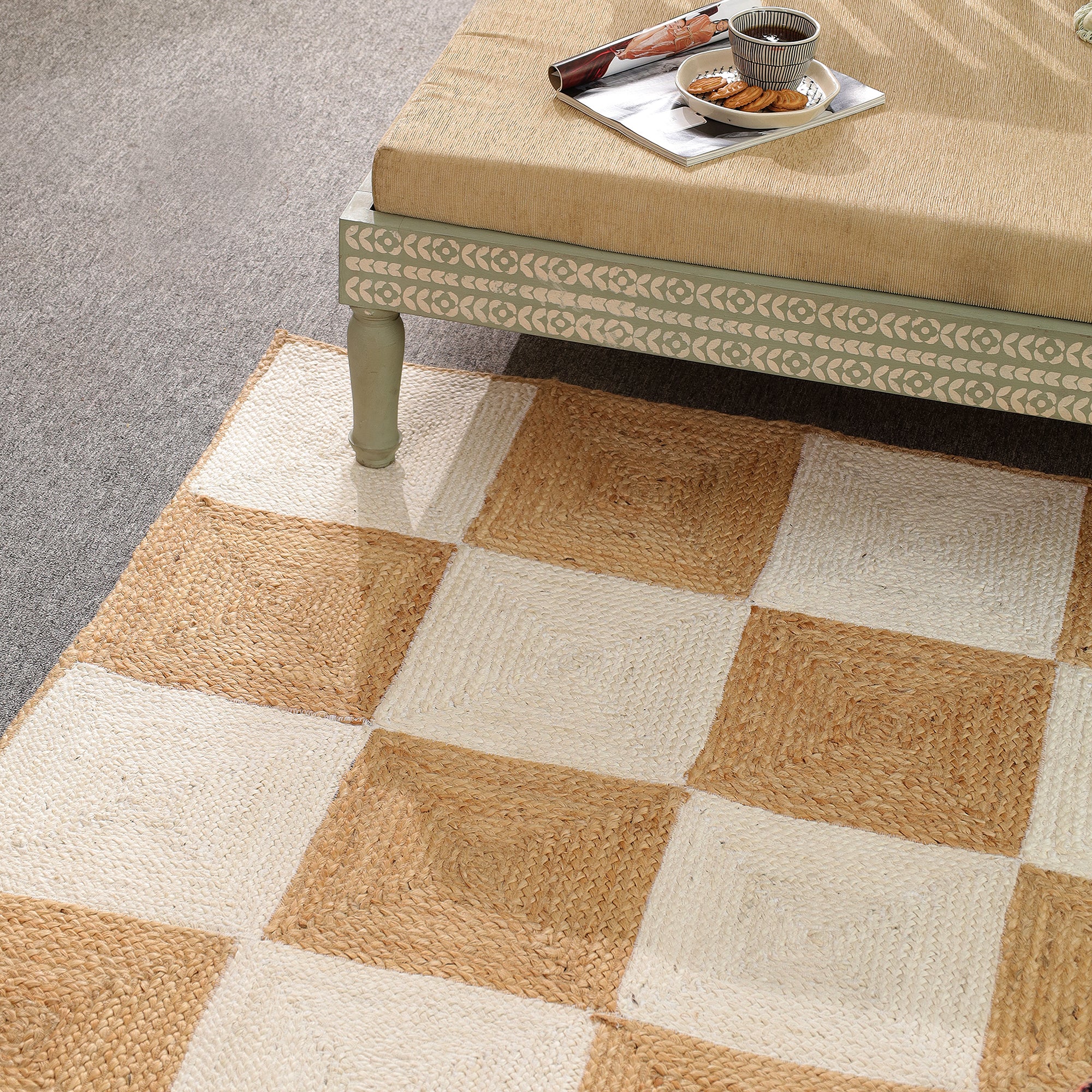 Handwoven Natural Jute & Cotton Checkered Area Rug | Modern Boho Floor Carpet