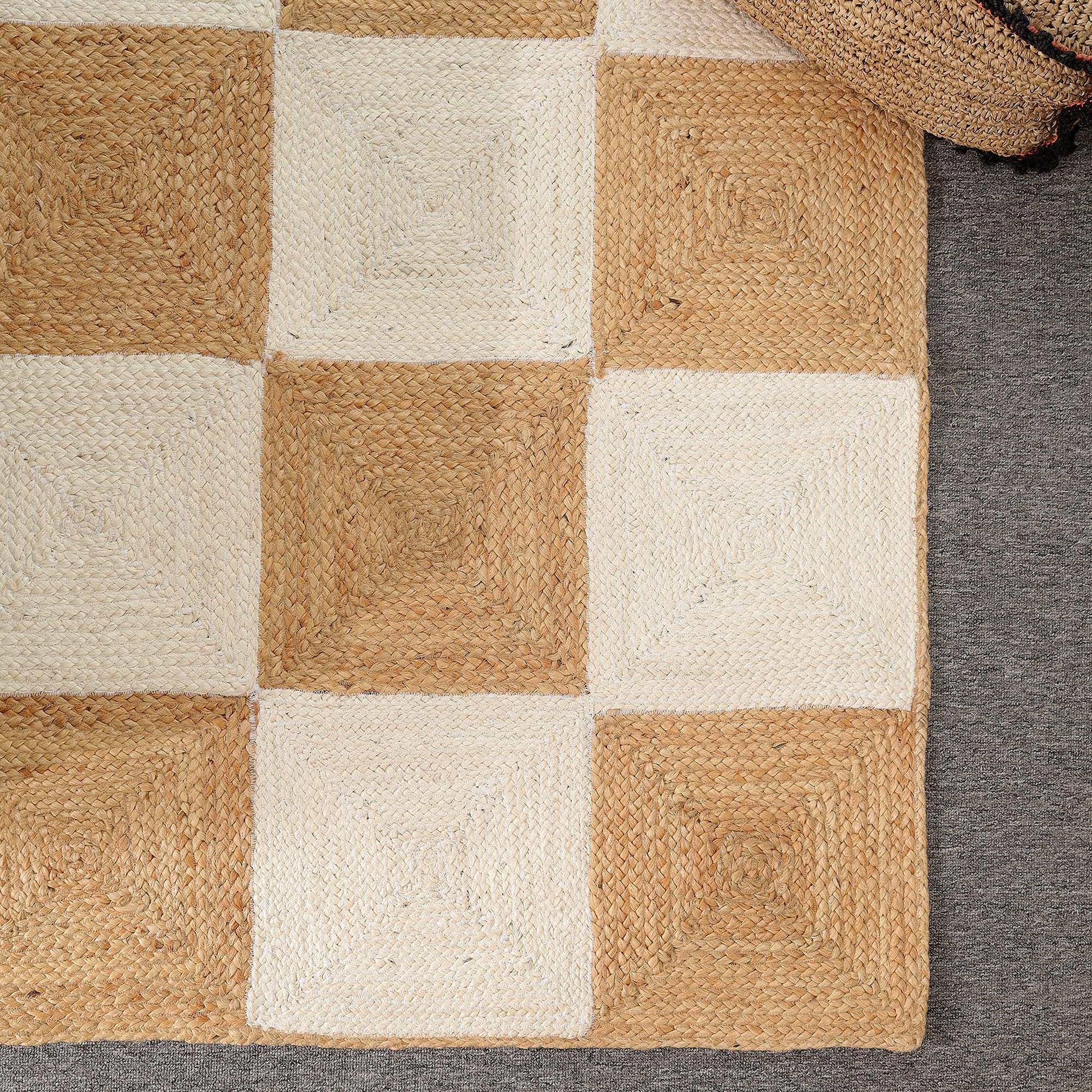 Handwoven Natural Jute & Cotton Checkered Area Rug | Modern Boho Floor Carpet