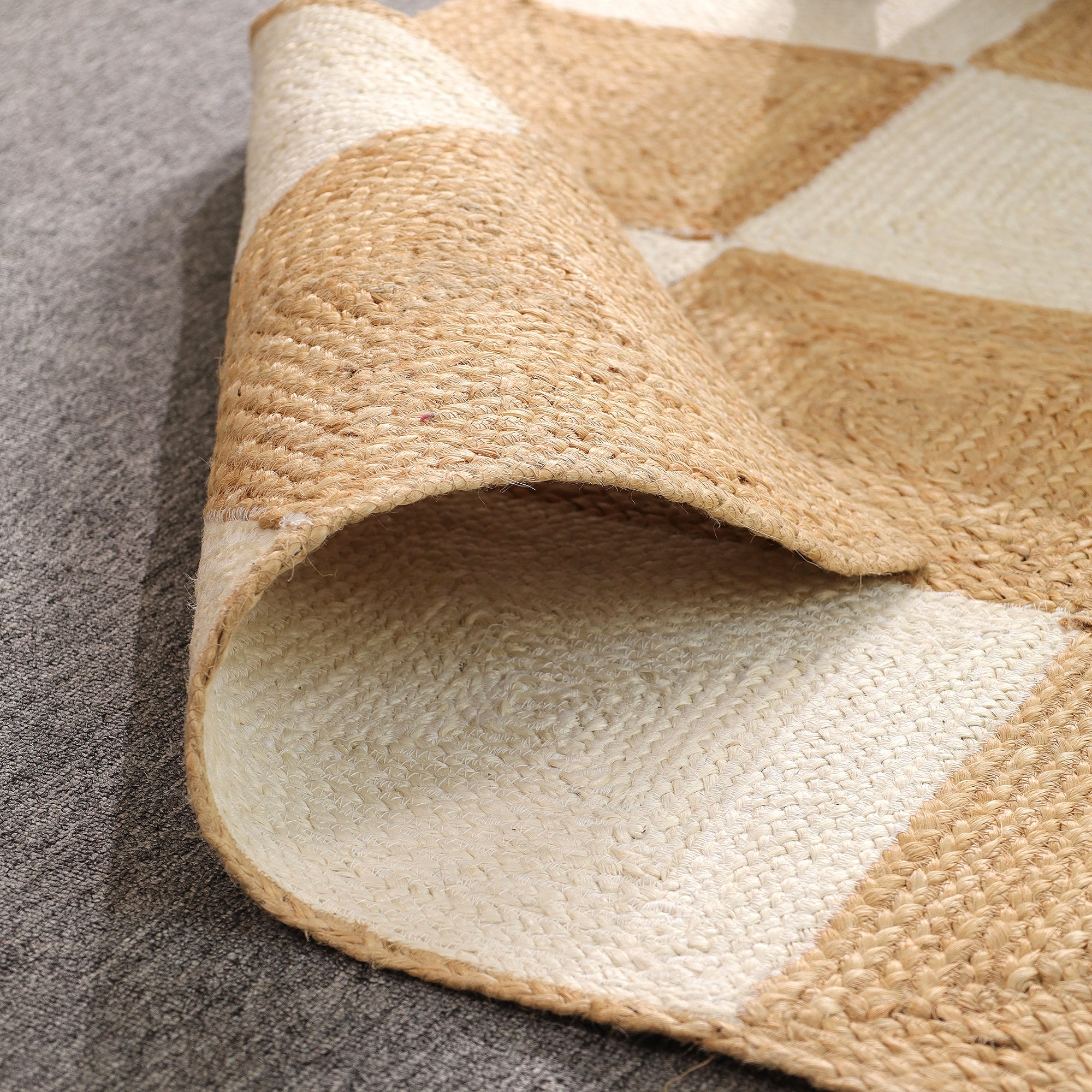 Handwoven Natural Jute & Cotton Checkered Area Rug | Modern Boho Floor Carpet