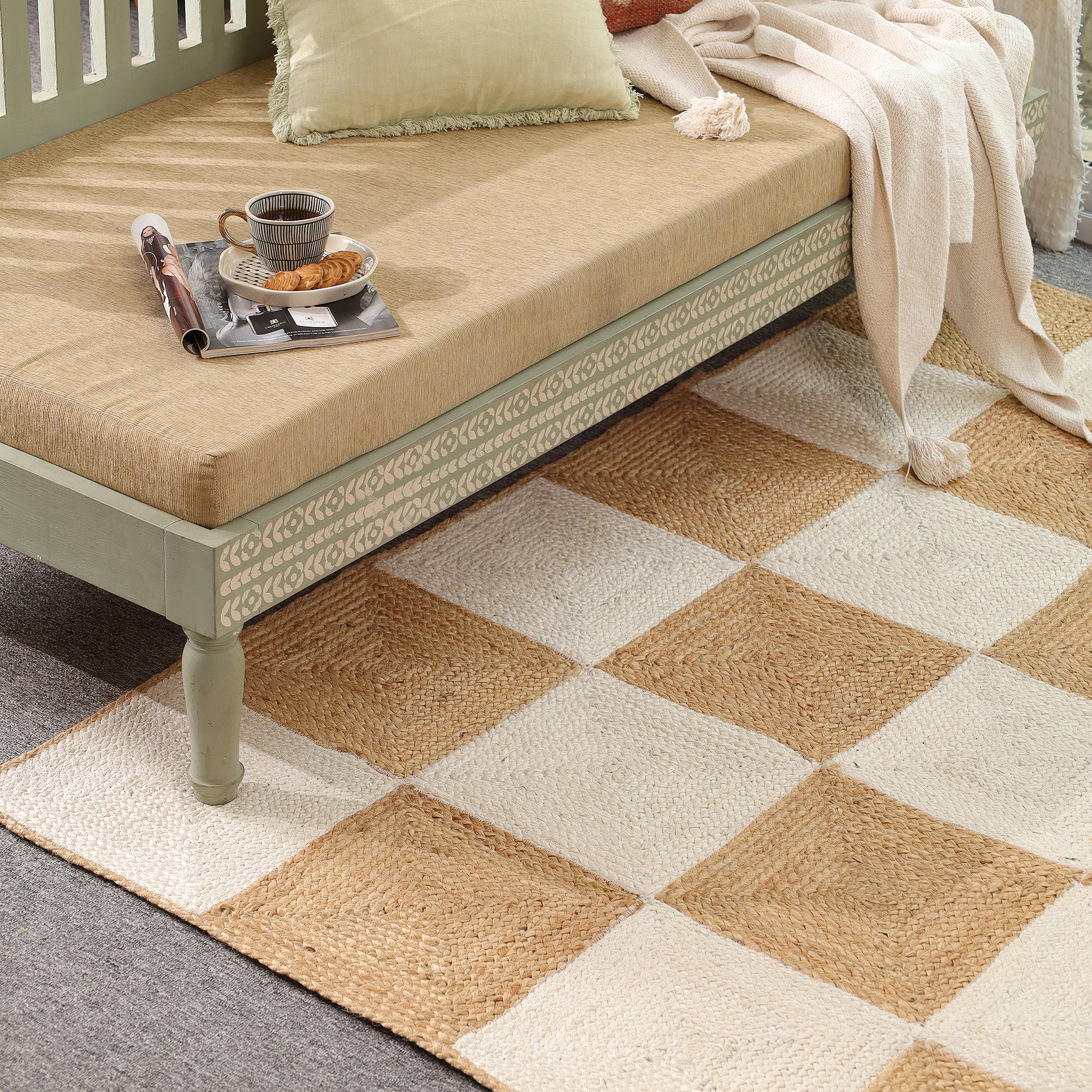 Handwoven Natural Jute & Cotton Checkered Area Rug | Modern Boho Floor Carpet