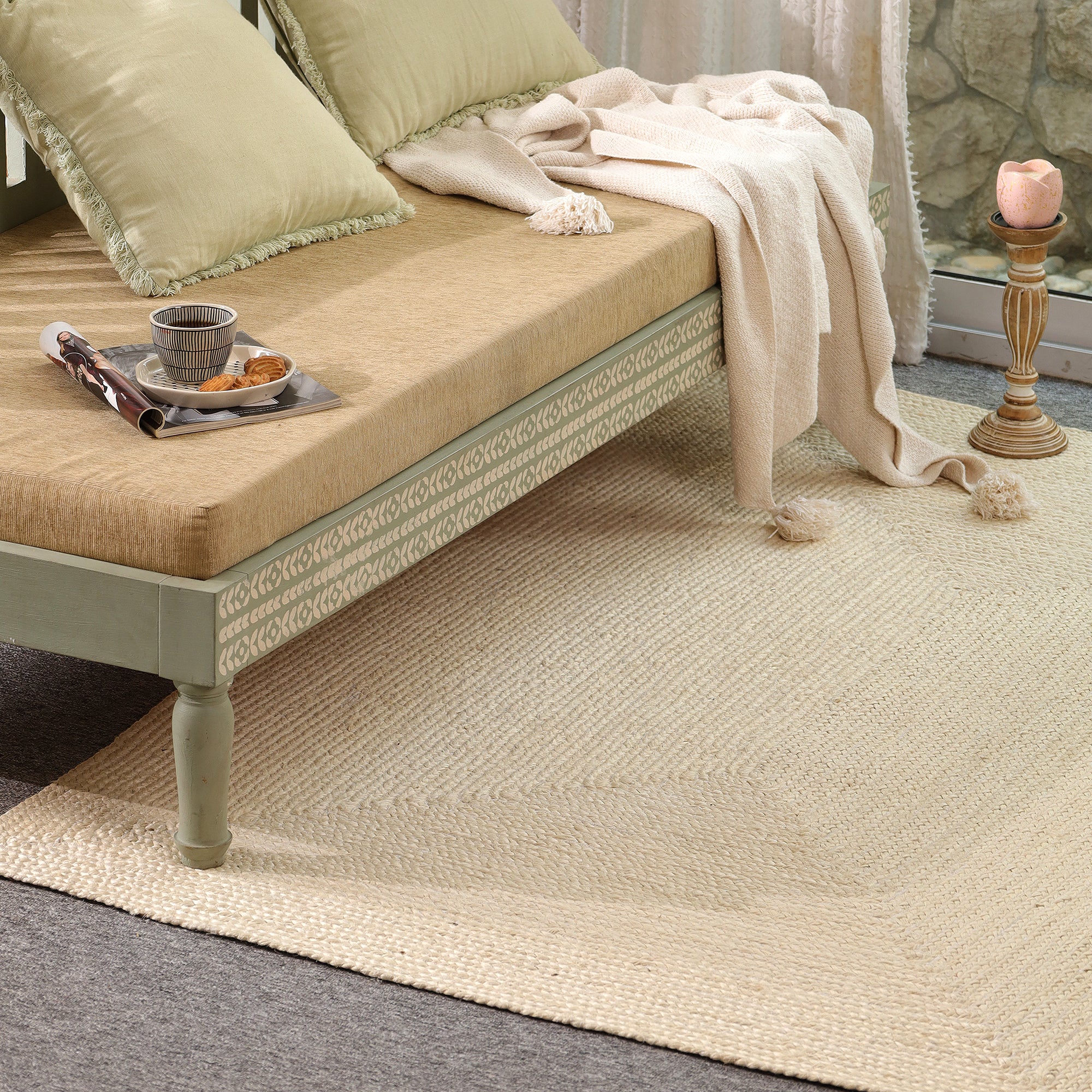 Handwoven Natural Ivory Jute & Cotton Area Rug | Minimalist Boho Floor Carpet