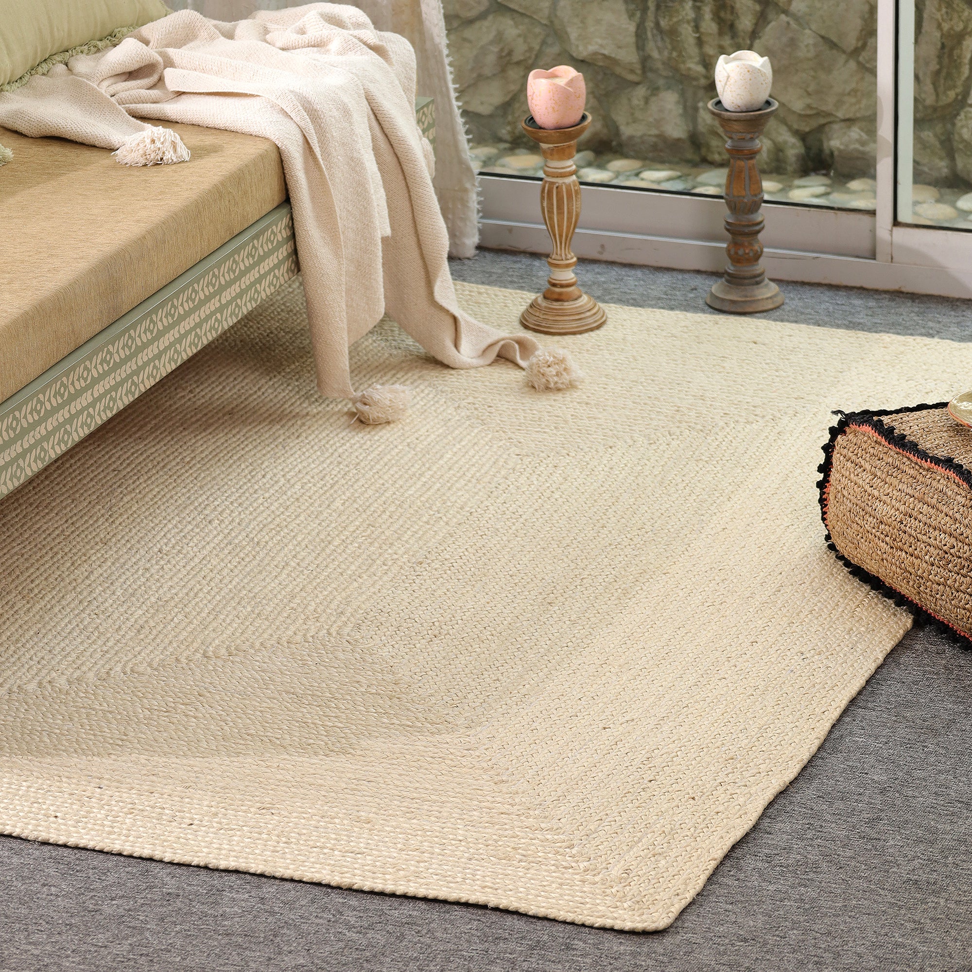 Handwoven Natural Ivory Jute & Cotton Area Rug | Minimalist Boho Floor Carpet