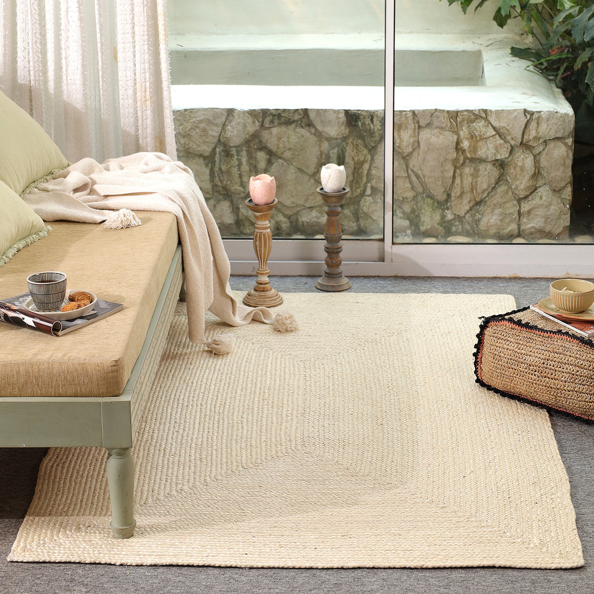 Handwoven Natural Ivory Jute & Cotton Area Rug | Minimalist Boho Floor Carpet