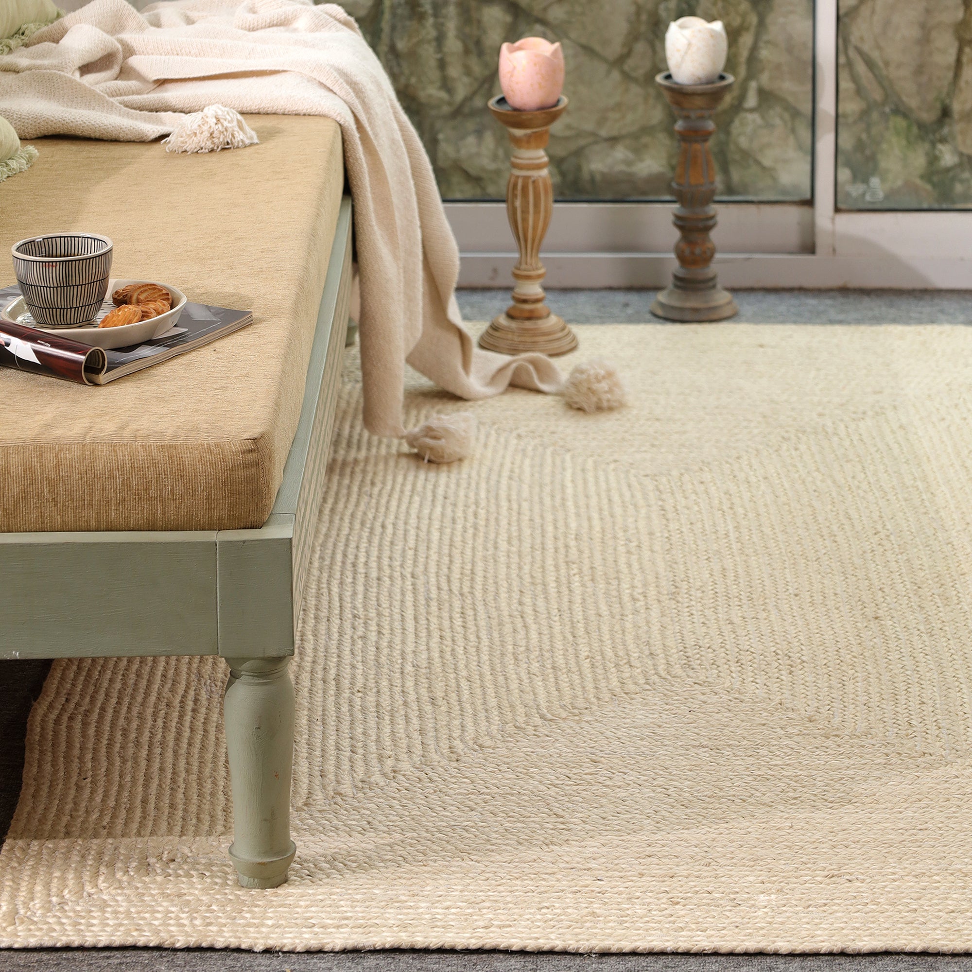 Handwoven Natural Ivory Jute & Cotton Area Rug | Minimalist Boho Floor Carpet