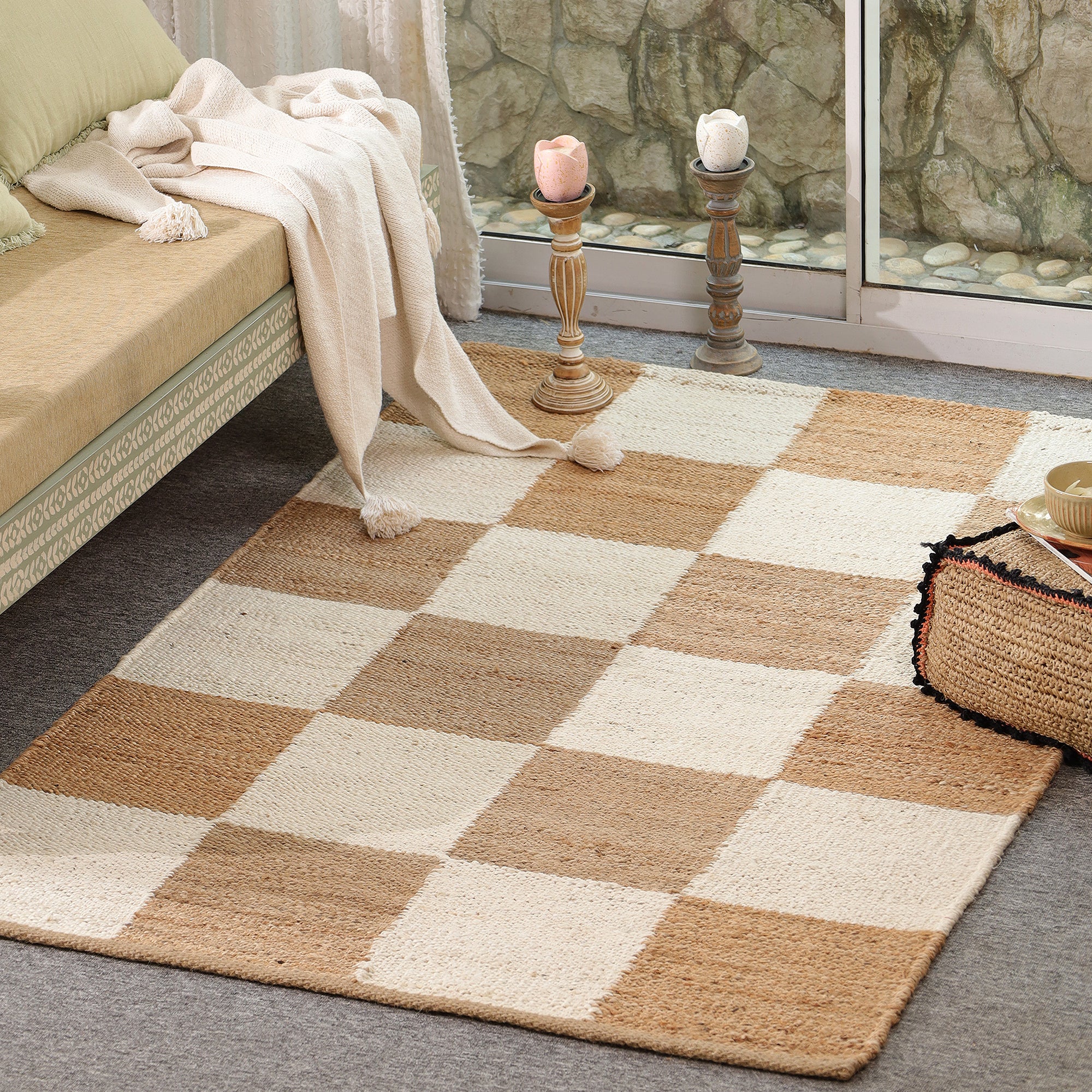 Handwoven Checkered Jute & Cotton Area Rug | Beige & Ivory Boho Floor Carpet