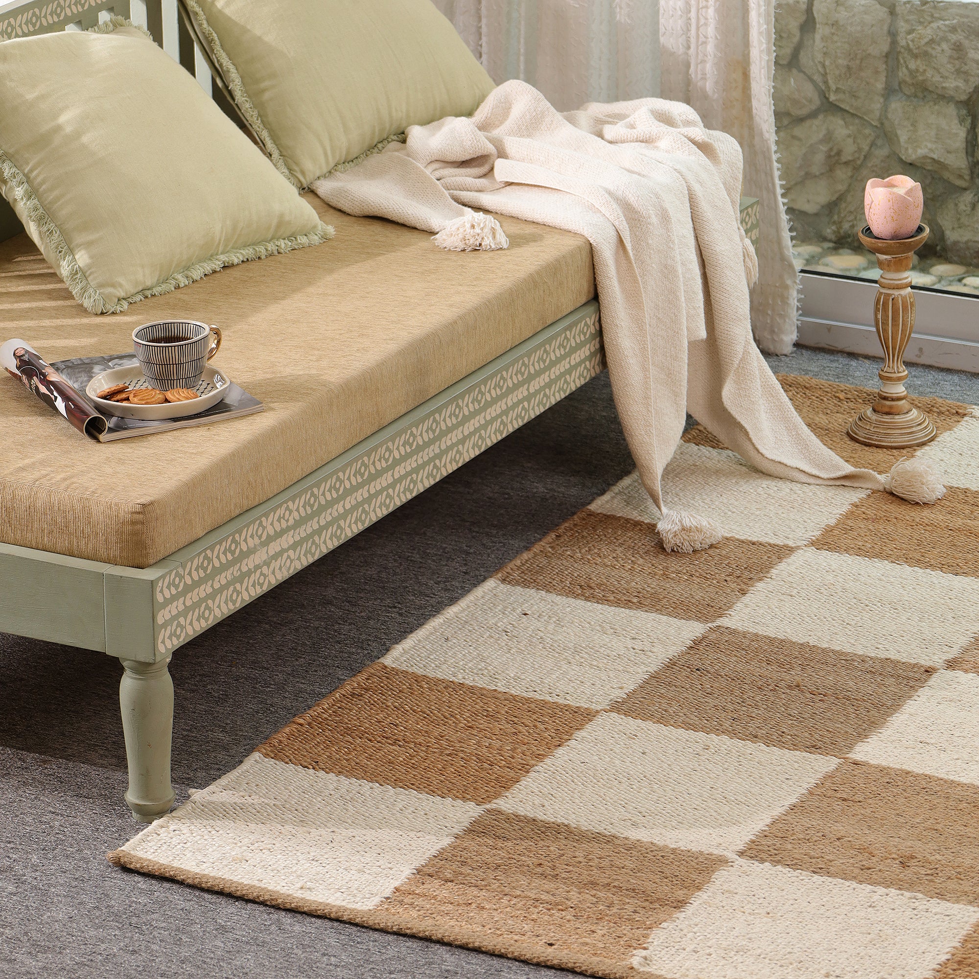 Handwoven Checkered Jute & Cotton Area Rug | Beige & Ivory Boho Floor Carpet