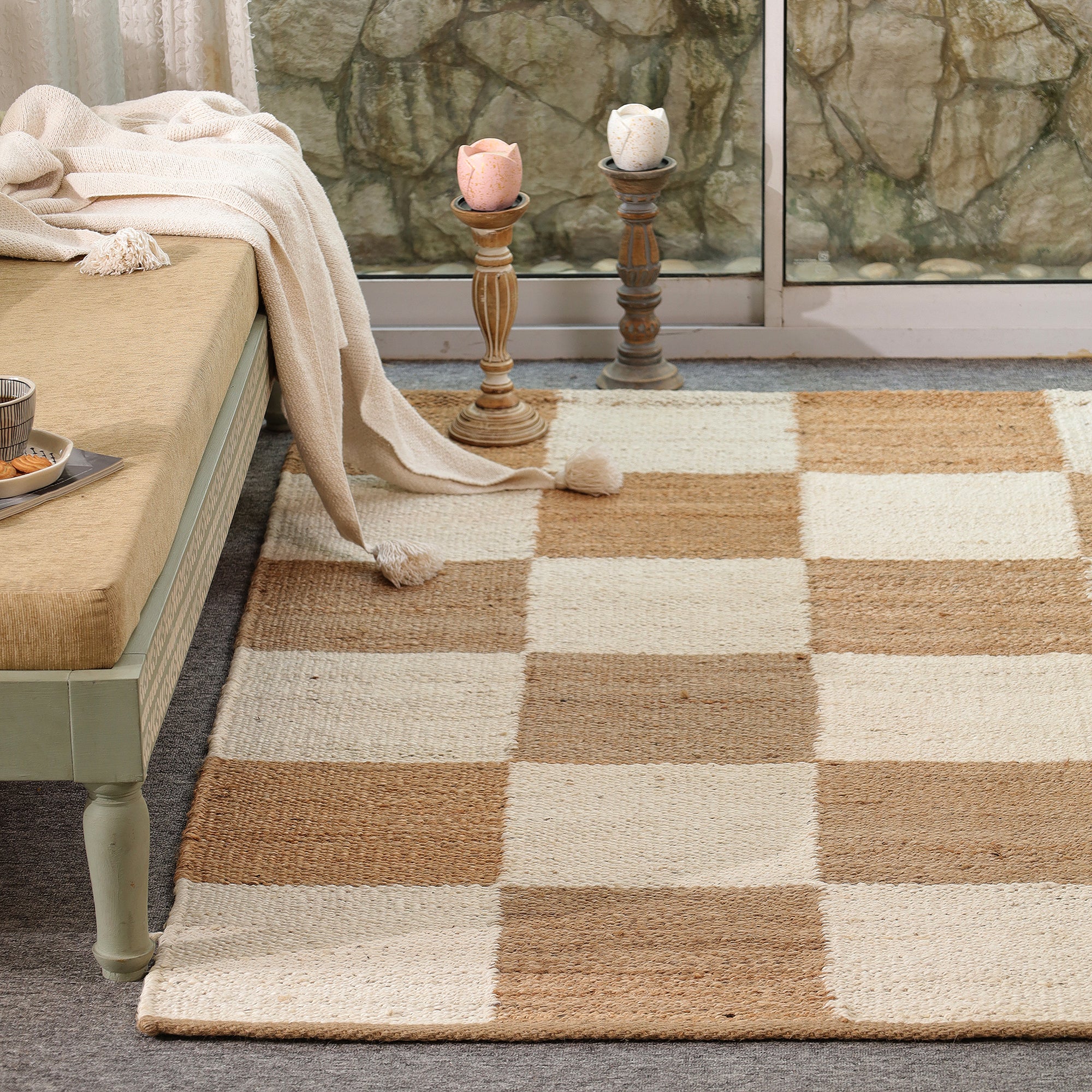 Handwoven Checkered Jute & Cotton Area Rug | Beige & Ivory Boho Floor Carpet