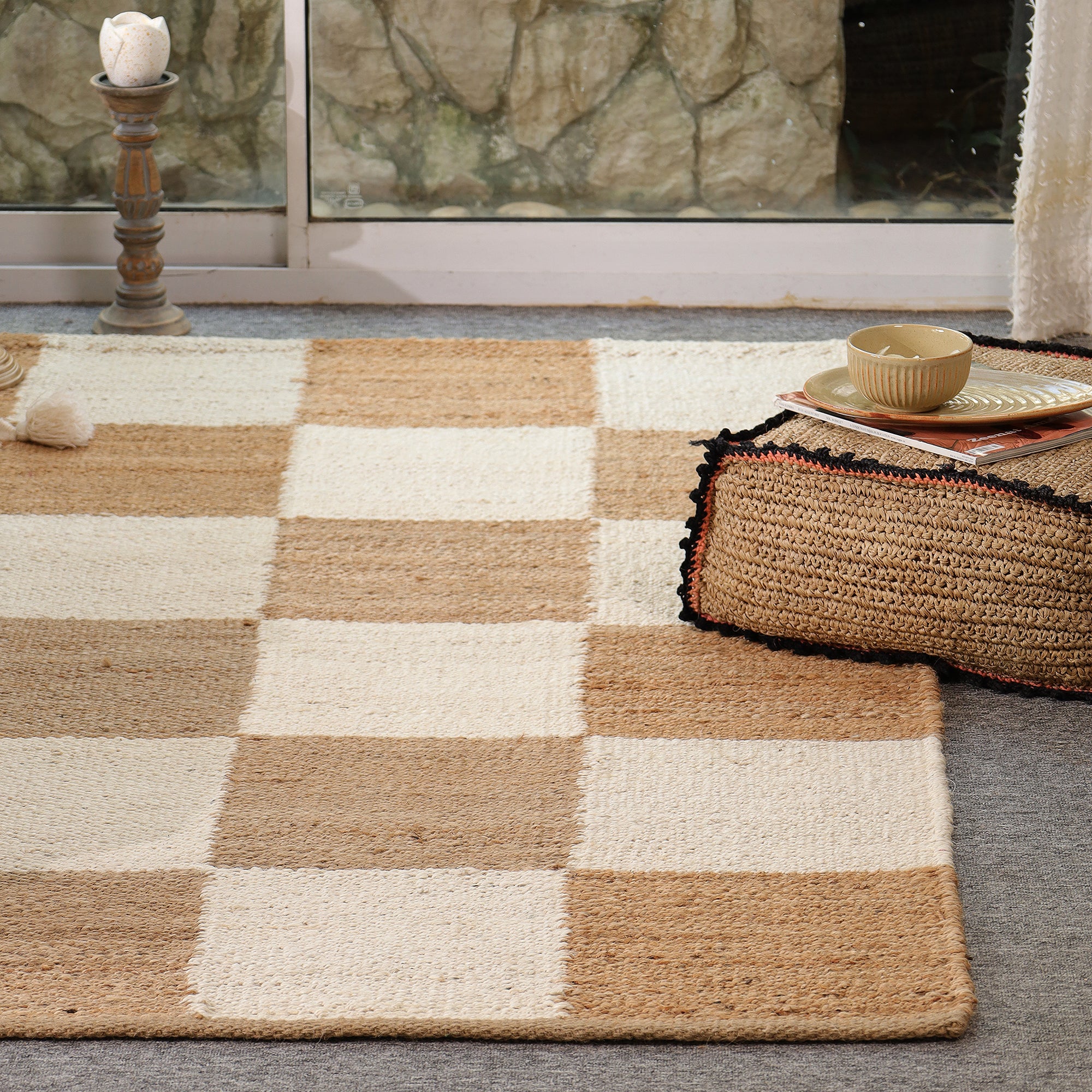Handwoven Checkered Jute & Cotton Area Rug | Beige & Ivory Boho Floor Carpet