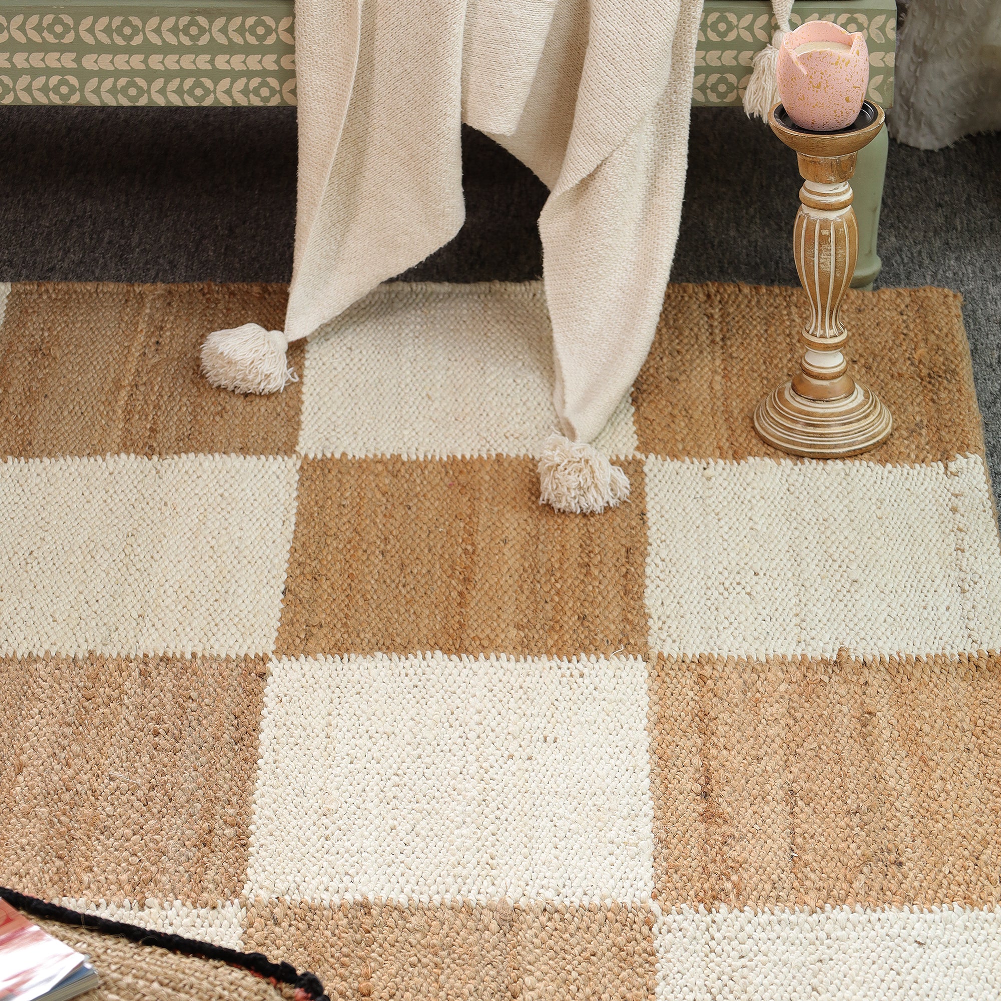 Handwoven Checkered Jute & Cotton Area Rug | Beige & Ivory Boho Floor Carpet