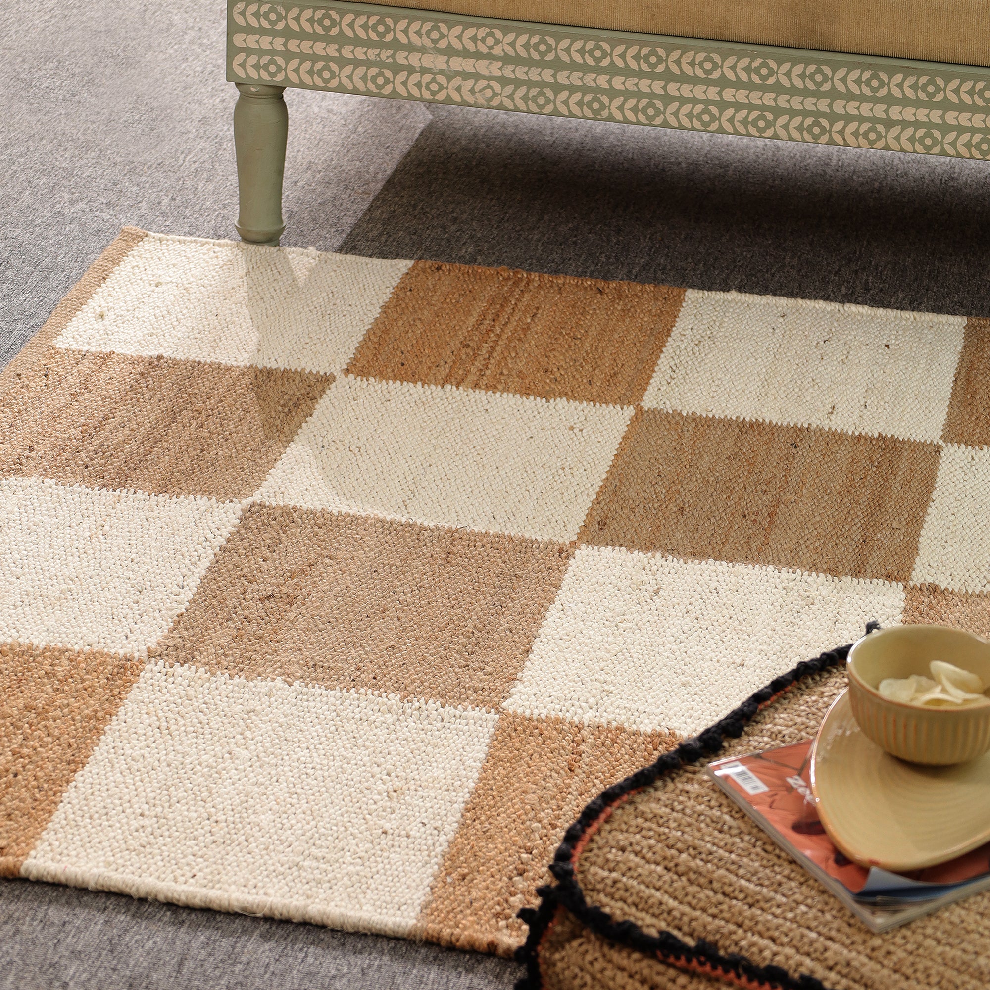 Handwoven Checkered Jute & Cotton Area Rug | Beige & Ivory Boho Floor Carpet