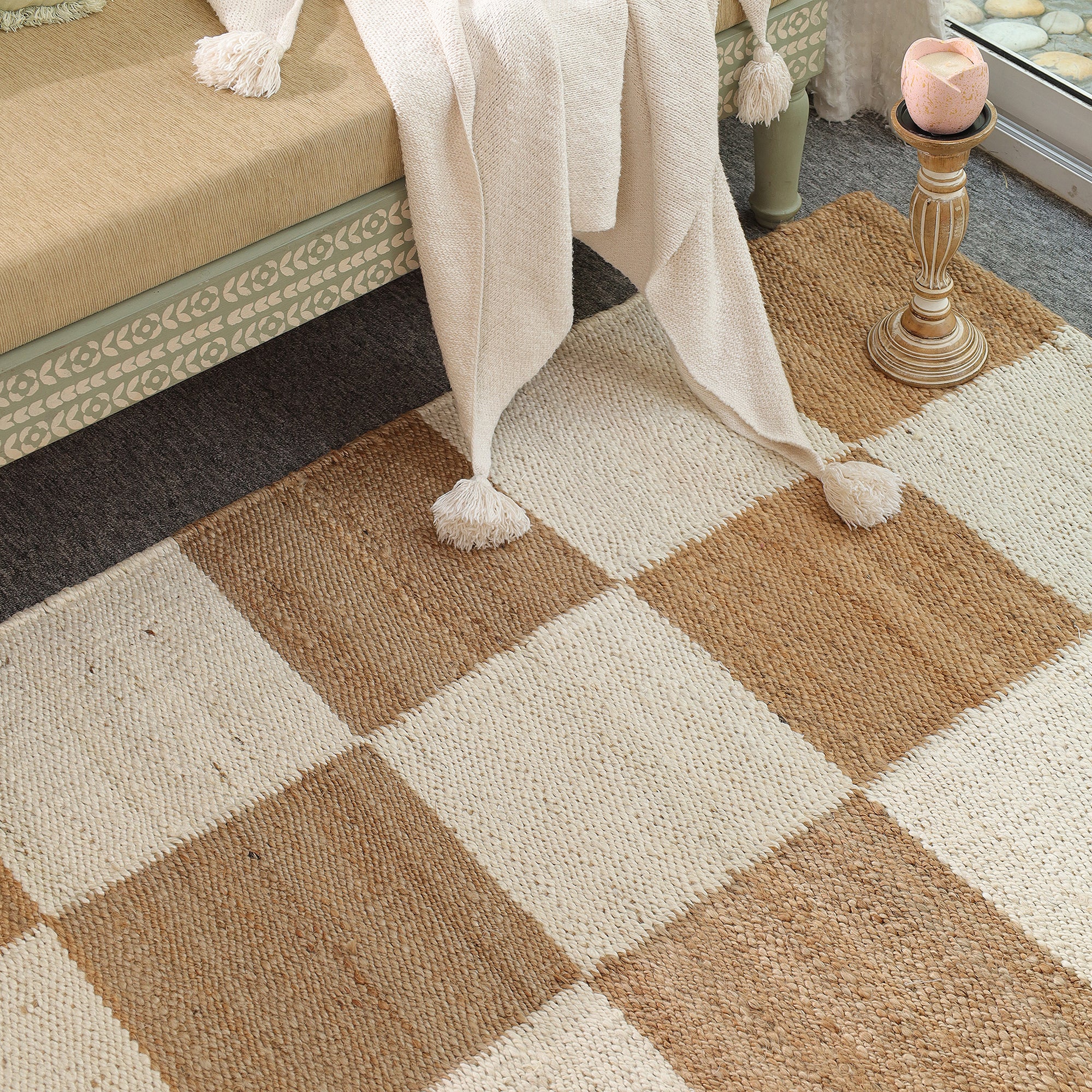 Handwoven Checkered Jute & Cotton Area Rug | Beige & Ivory Boho Floor Carpet