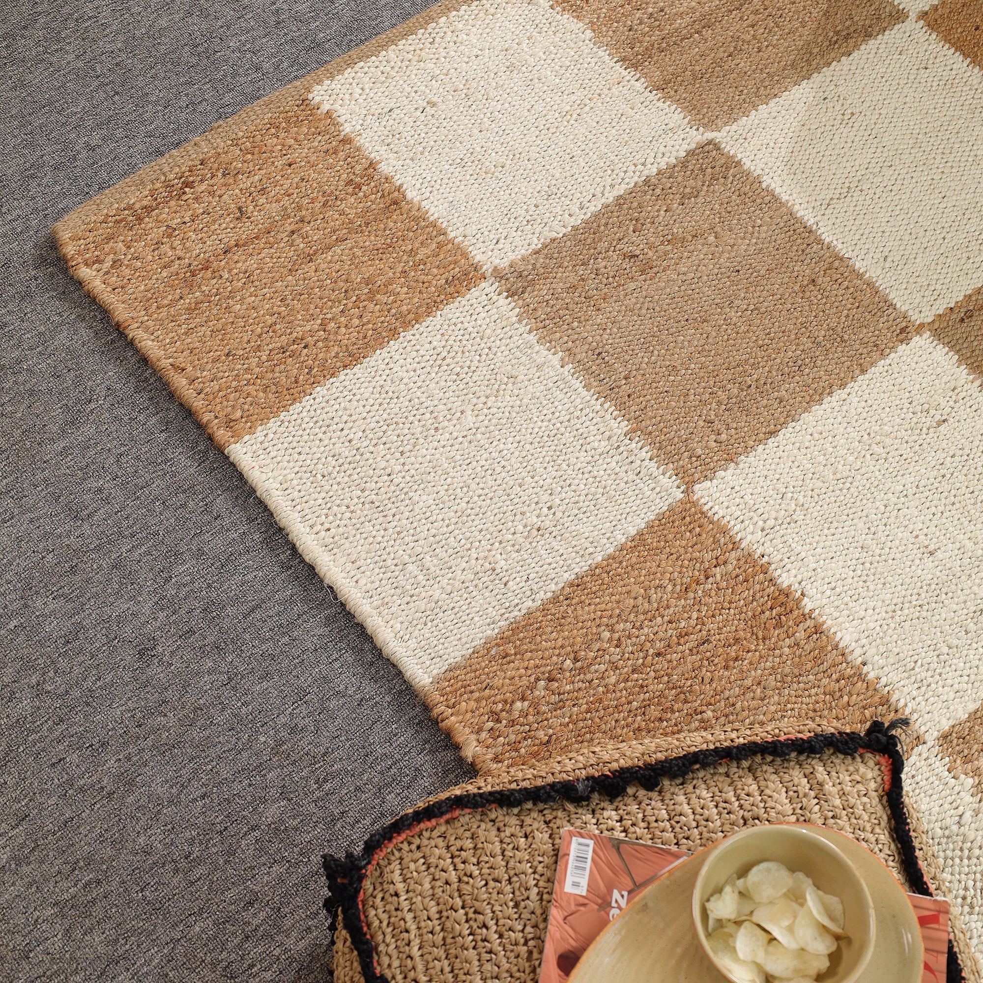 Handwoven Checkered Jute & Cotton Area Rug | Beige & Ivory Boho Floor Carpet