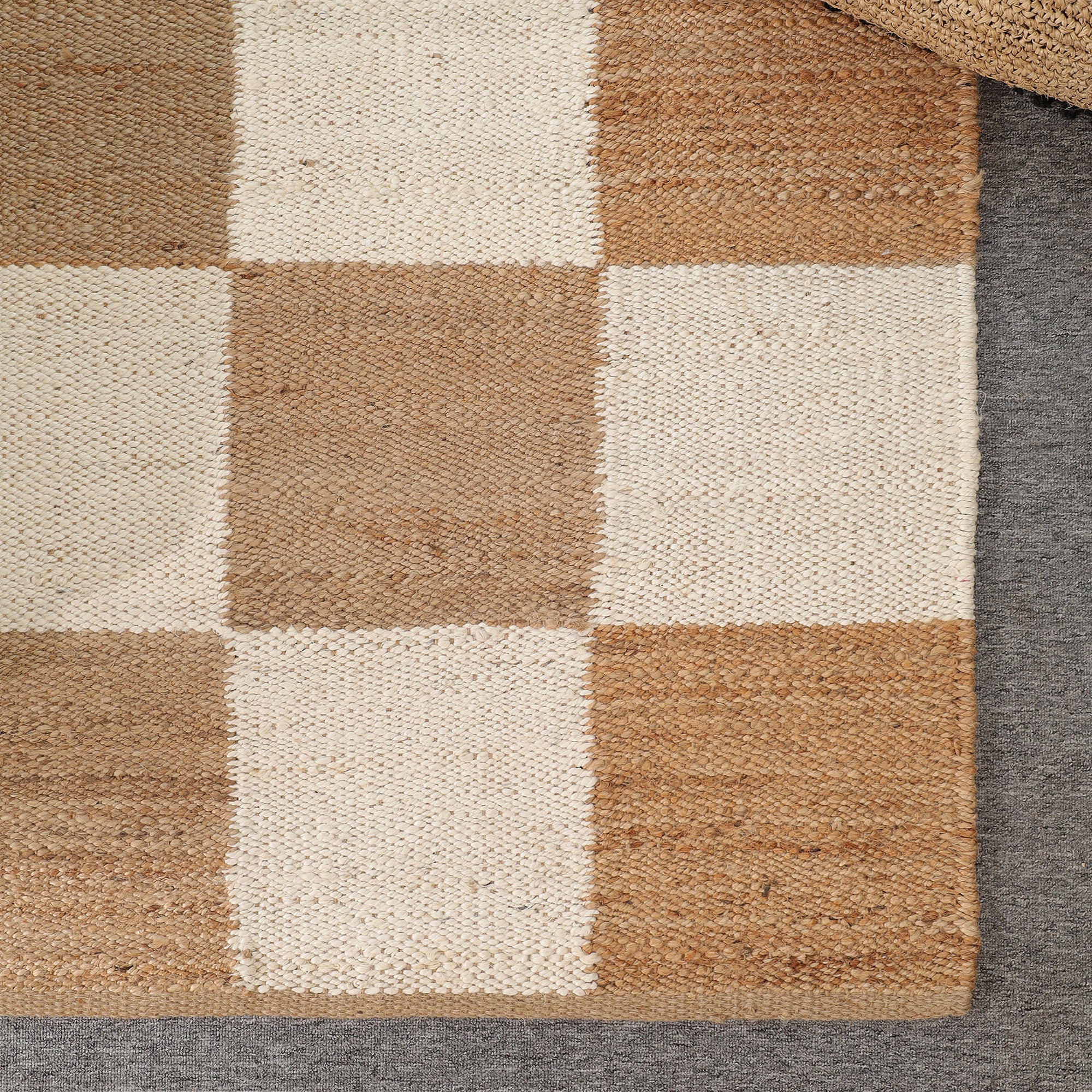 Handwoven Checkered Jute & Cotton Area Rug | Beige & Ivory Boho Floor Carpet