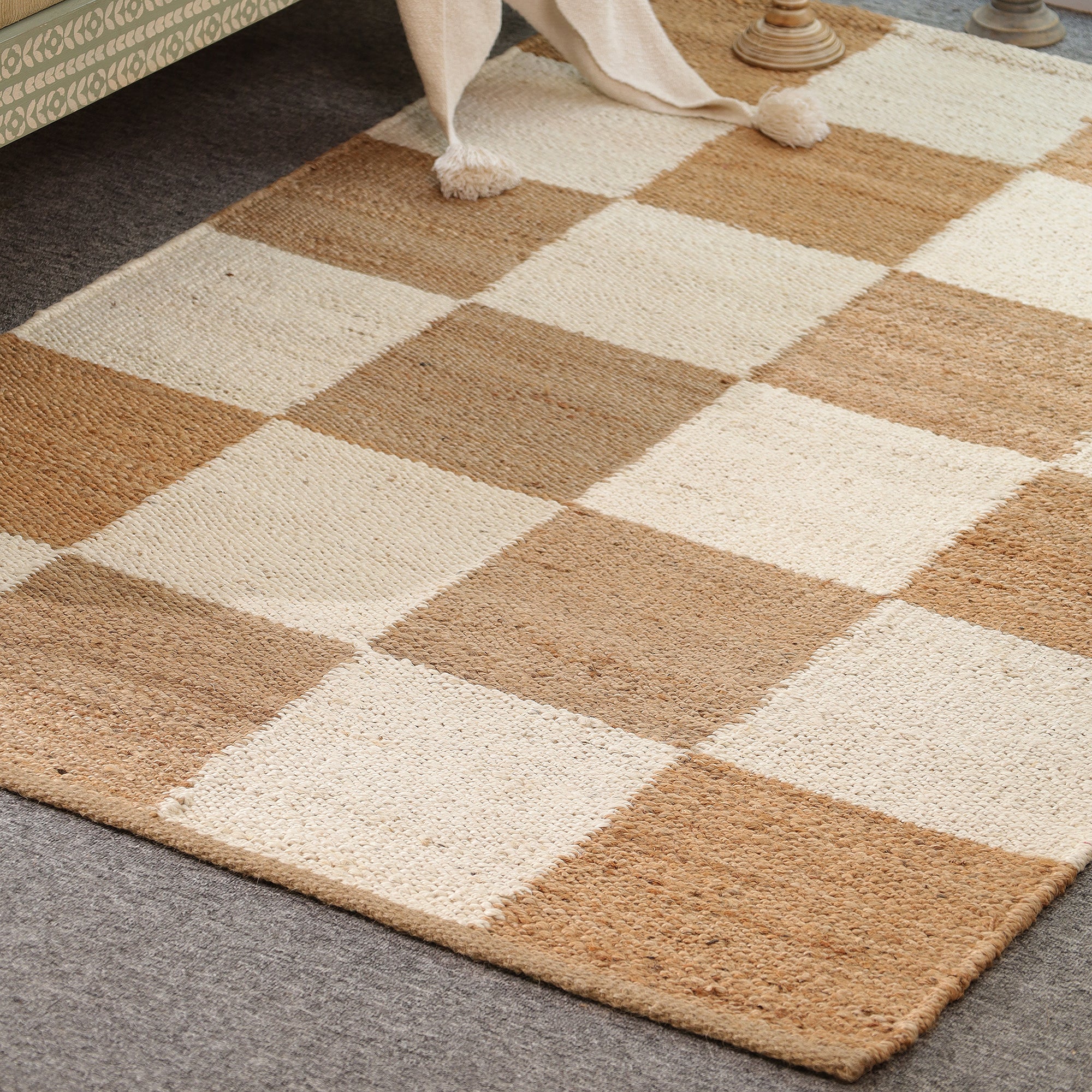 Handwoven Checkered Jute & Cotton Area Rug | Beige & Ivory Boho Floor Carpet